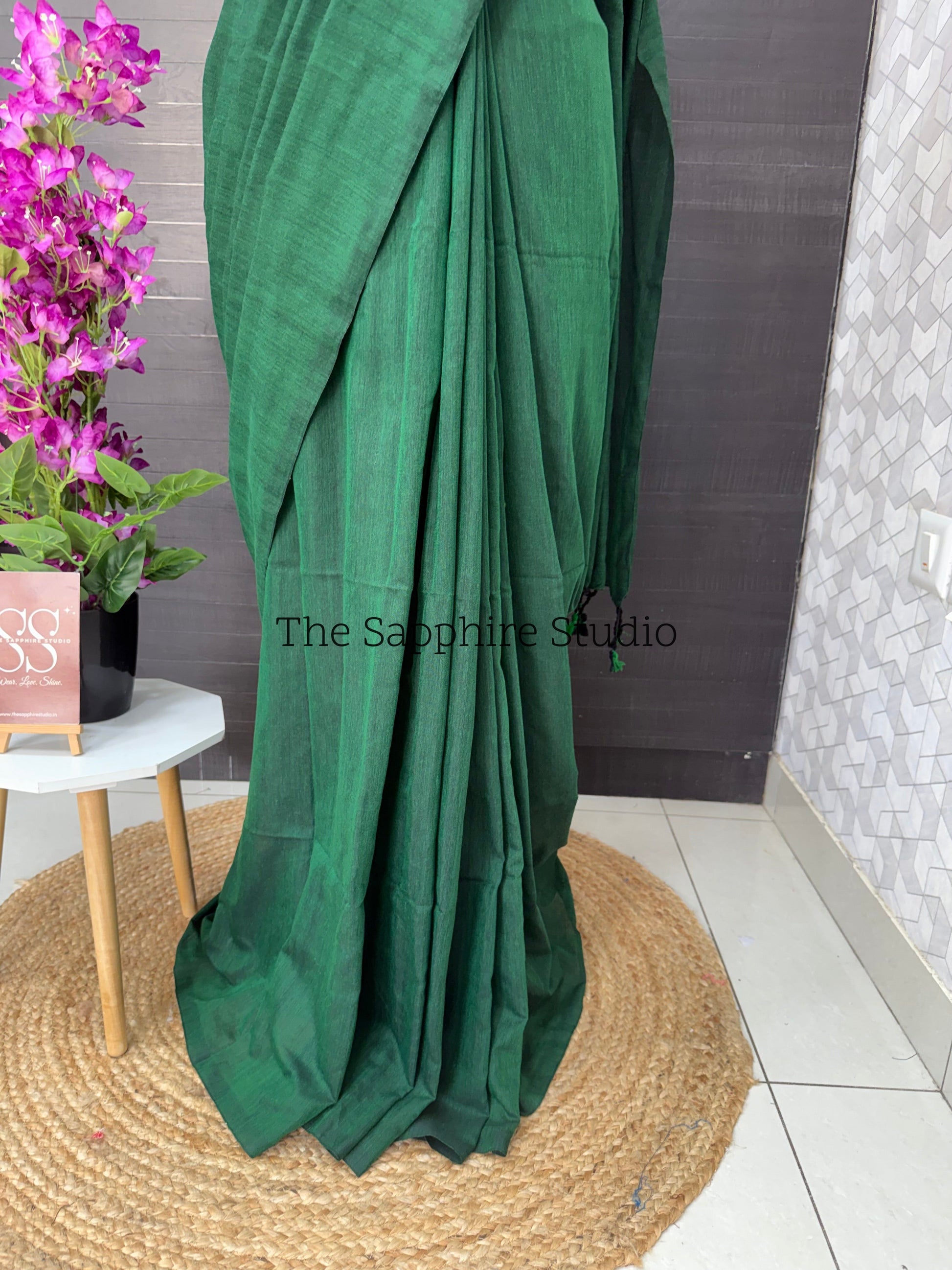 Green khadi cotton saree with Ethnic Contrast Blouse