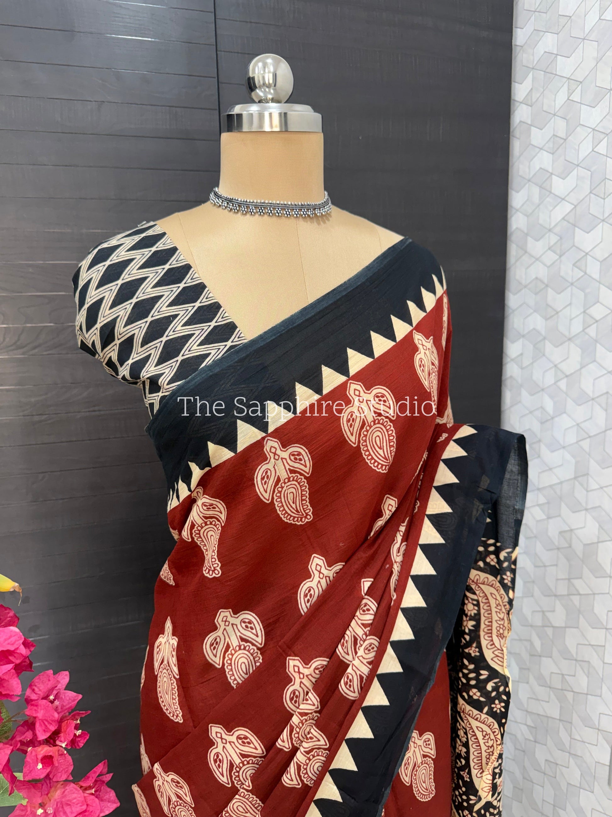 Rust Red & Black Mul Cotton Saree with Readymade Blouse