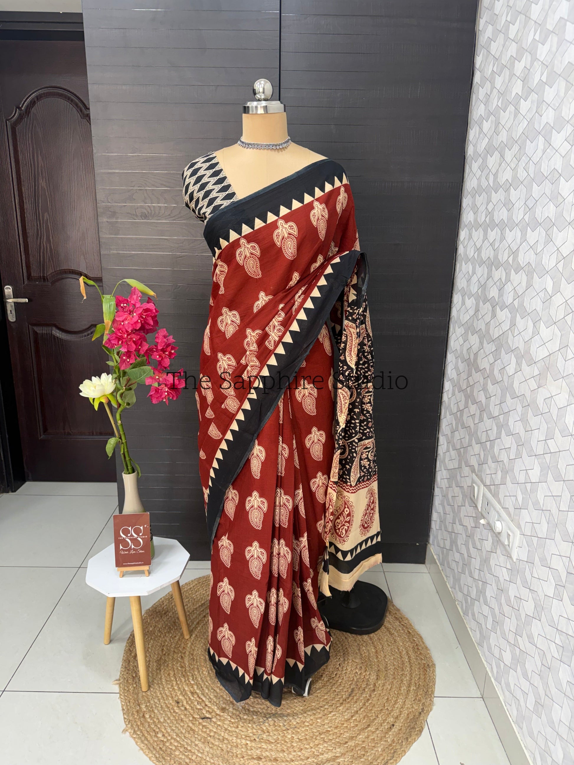Rust Red & Black Mul Cotton Saree with Readymade Blouse