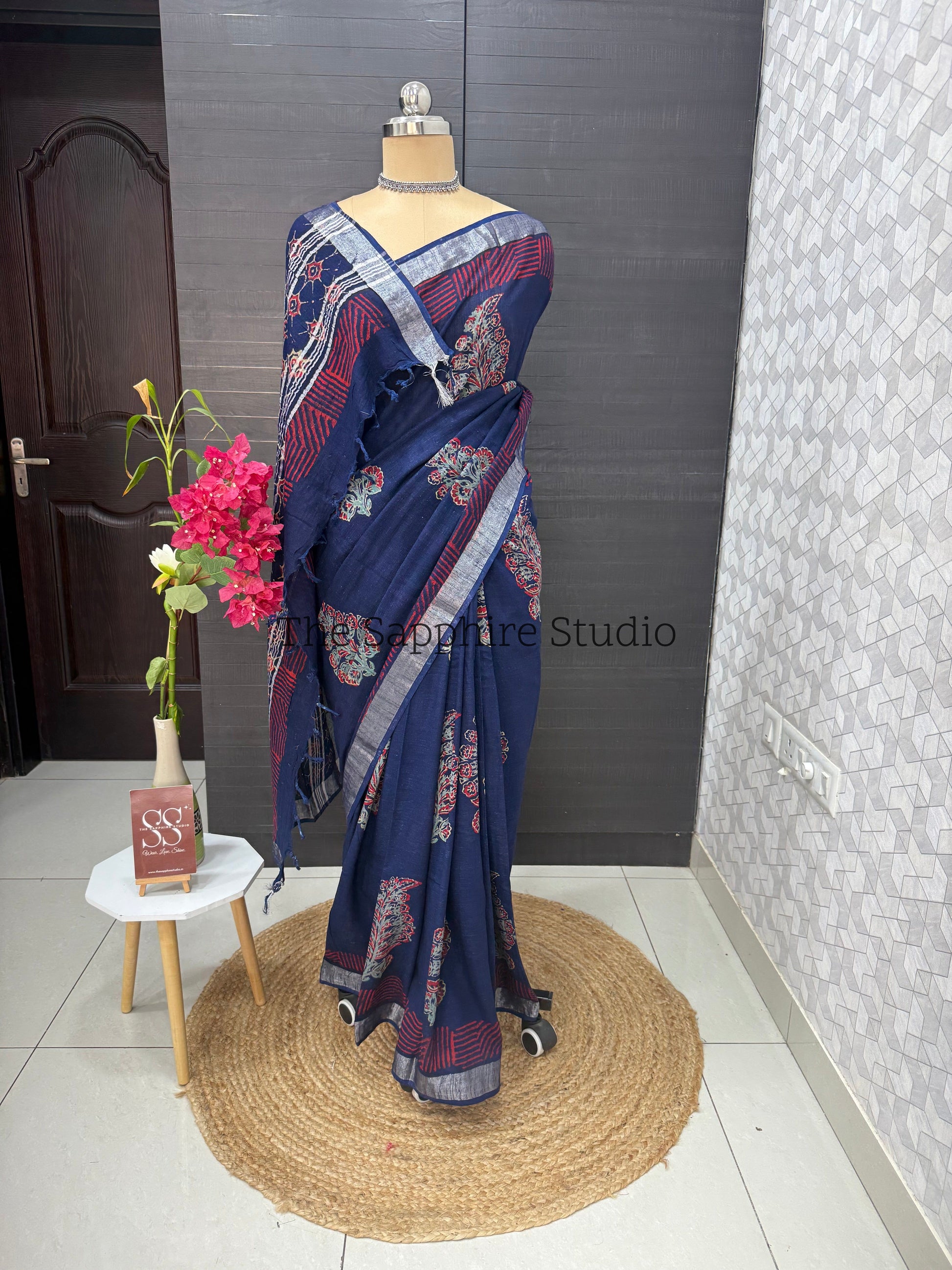 Navy Blue Linen Bagru Saree with Silver Border