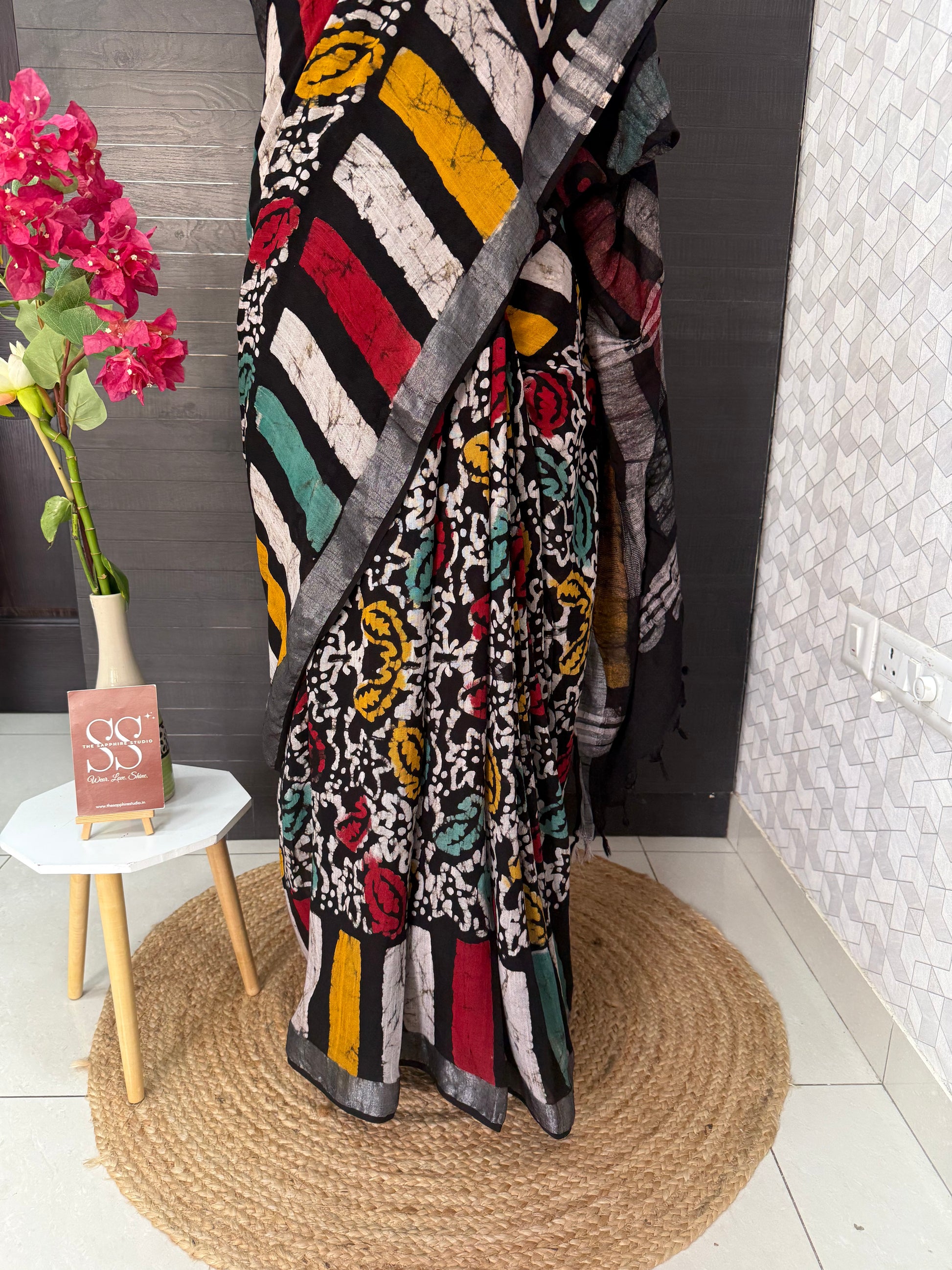 Multicolor Linen Bagru Saree with Running Blouse