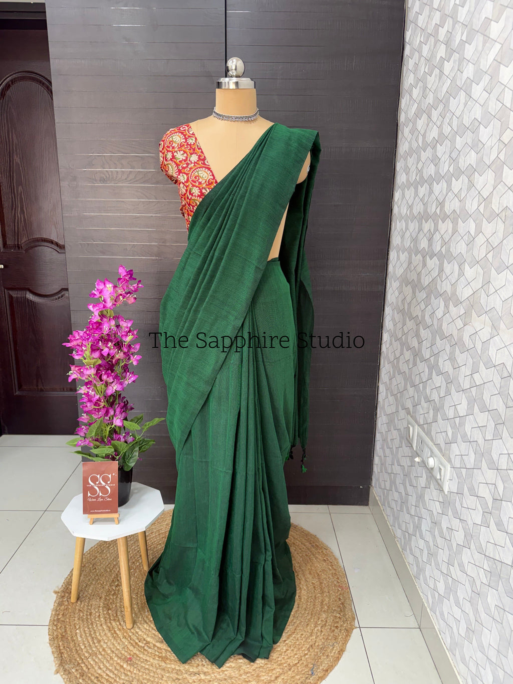 Green khadi cotton saree with Ethnic Contrast Blouse