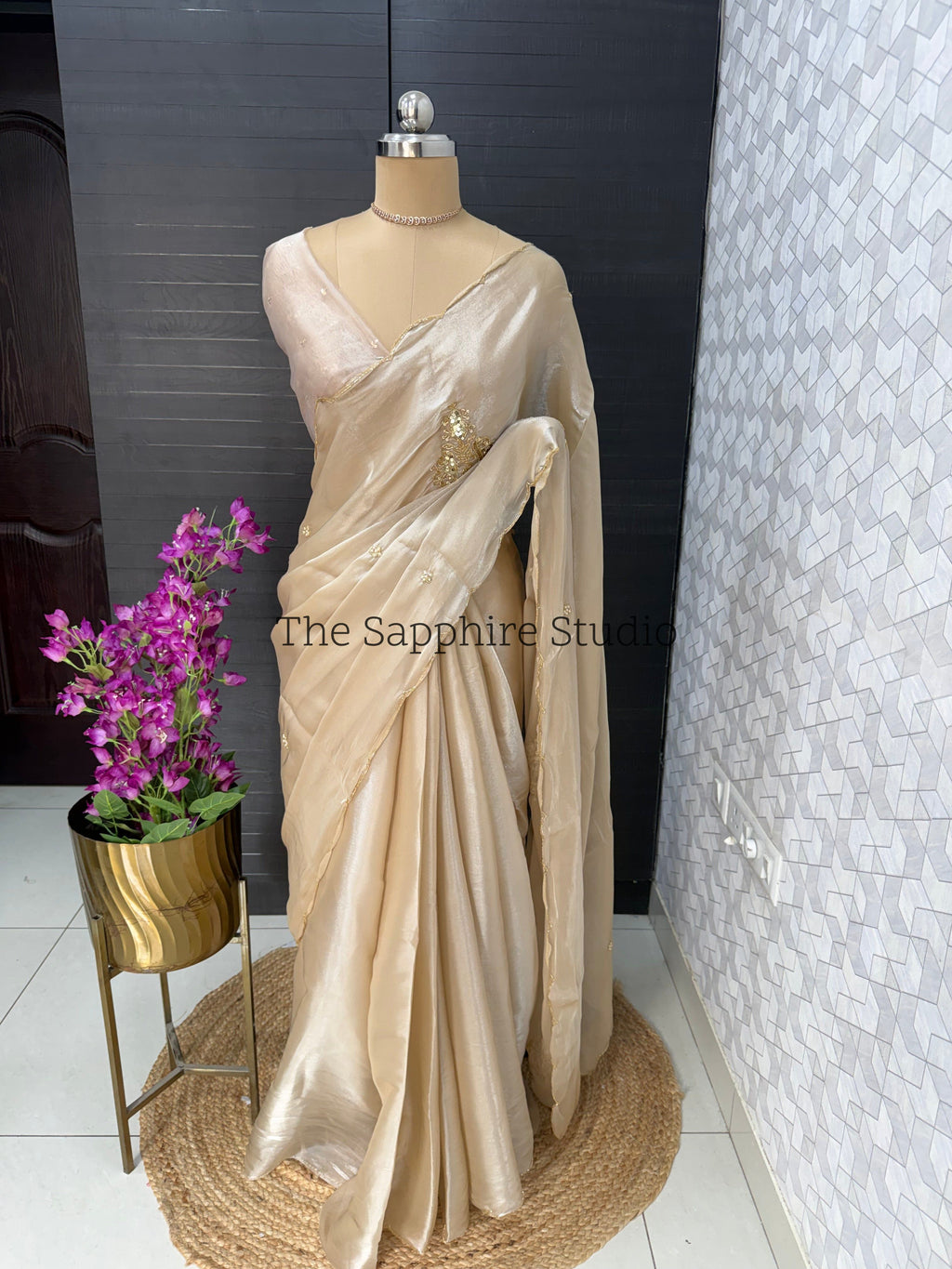 Chikku color satin organza mix saree