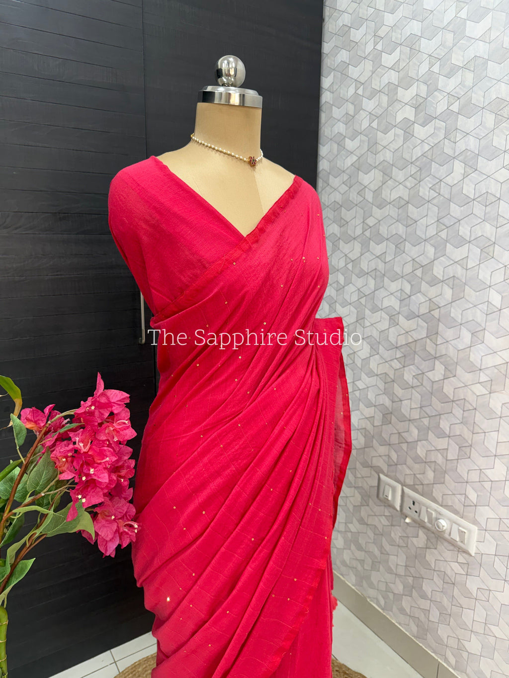 Delicate sequin work light pink mul cotton saree with ready made blouse