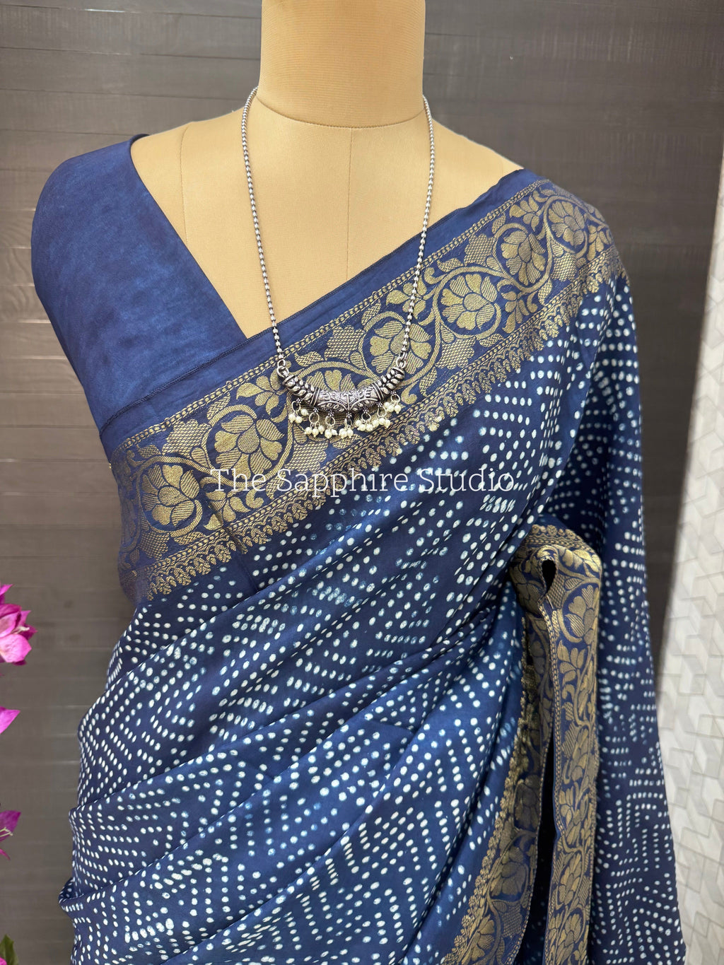 Indigo Dola Silk Saree with Round Floral Dabbu Print