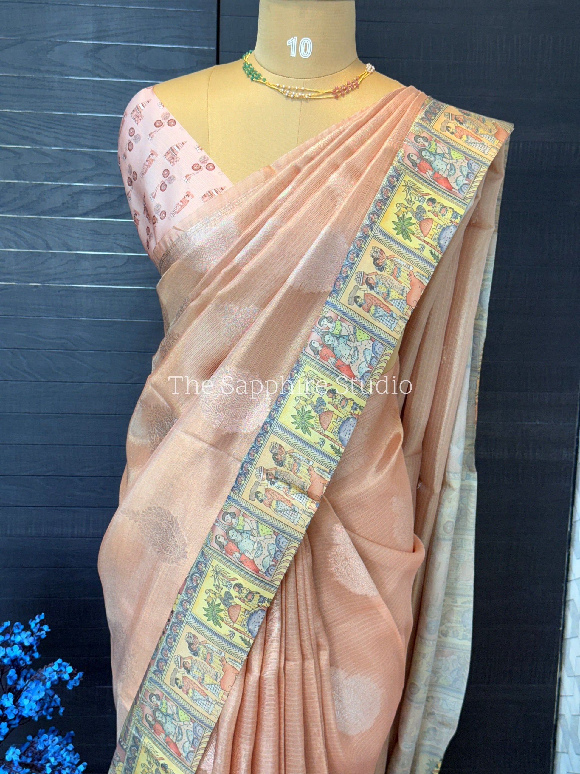 Blush Heritage Print Border Tissue saree