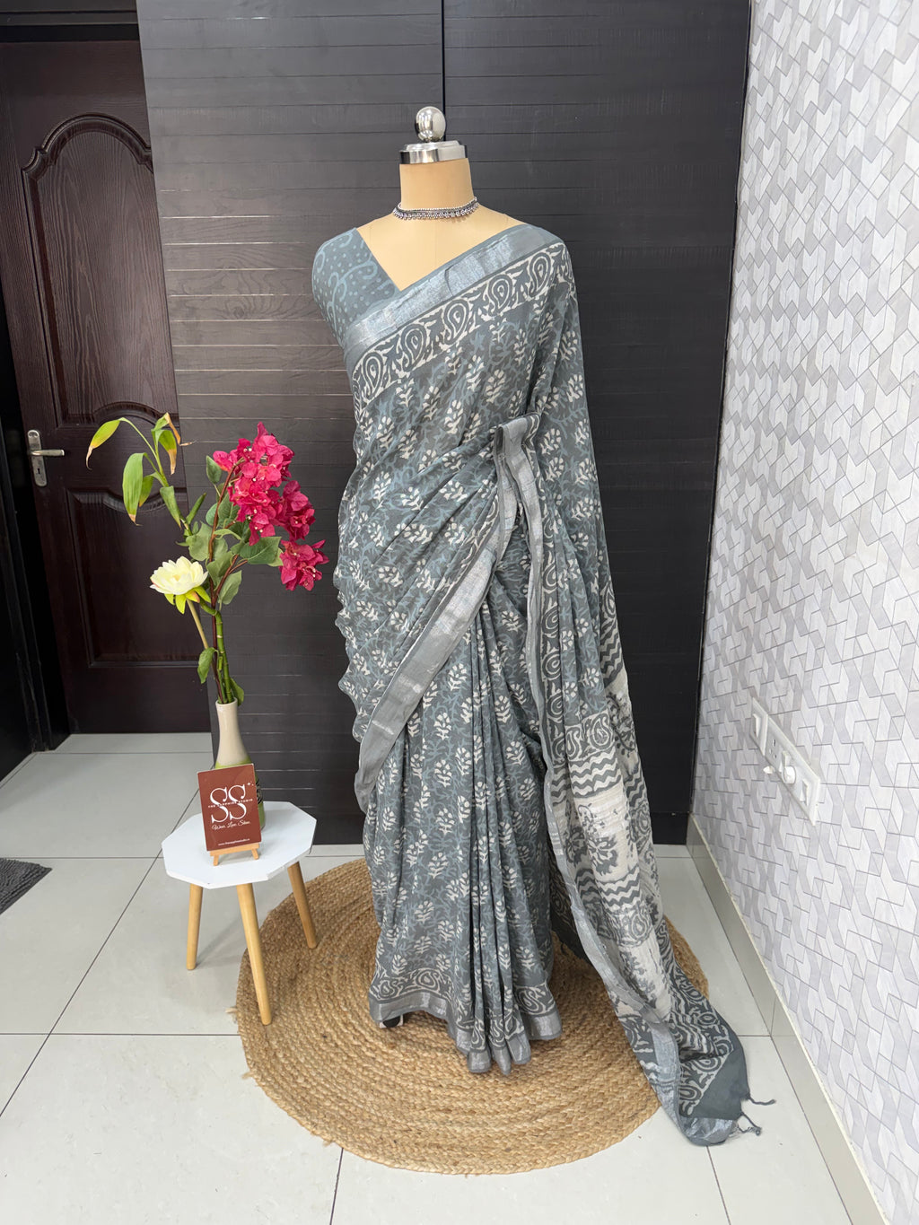 Grey Linen Bagru Saree with Running Blouse