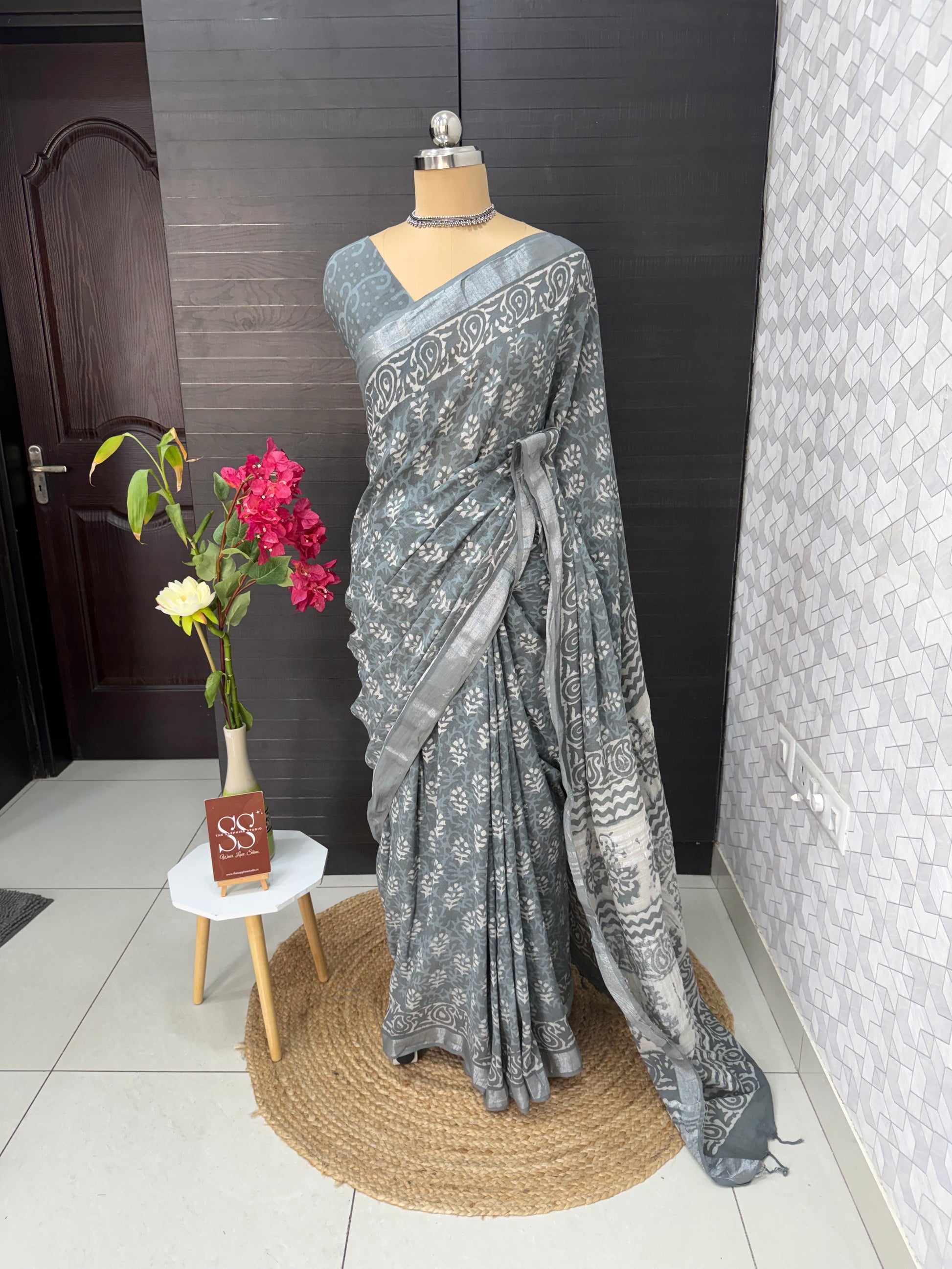 Grey Linen Bagru Saree with Running Blouse