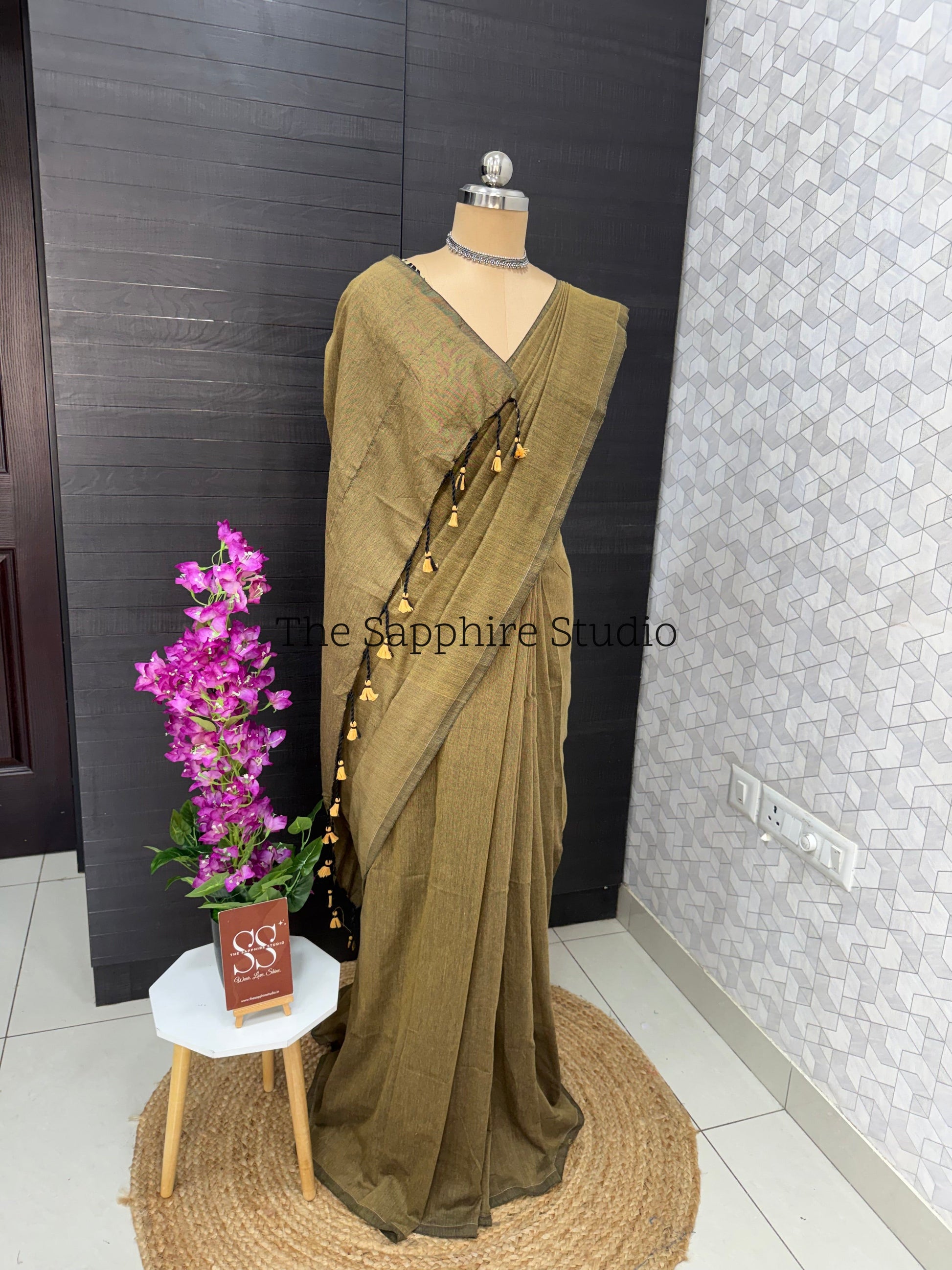 Beige Sand khadi cotton saree with Kalamkari Contrast Blouse