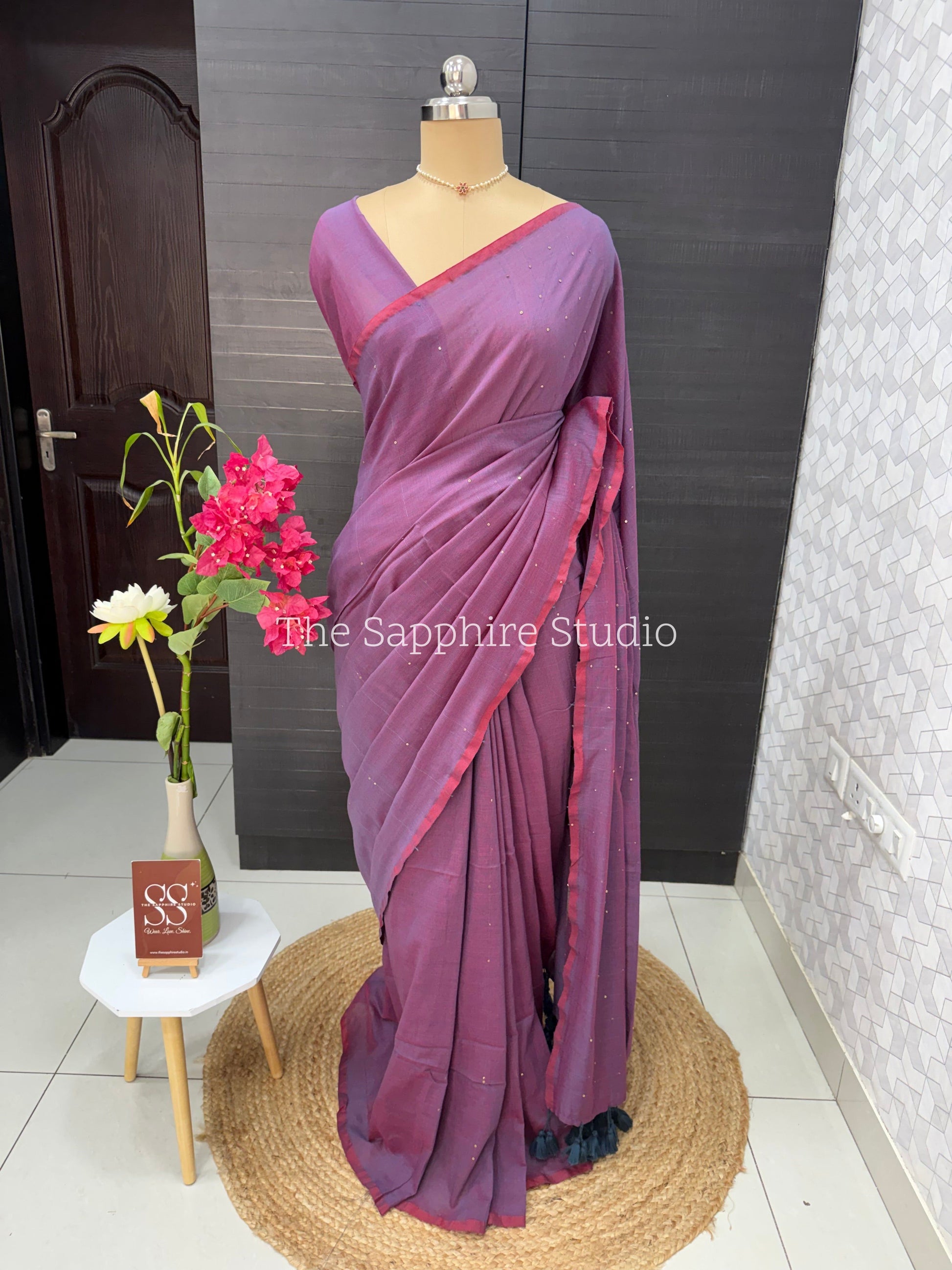 Deep Purple Mul Mul Cotton Saree with Contrast Ready made Blouse