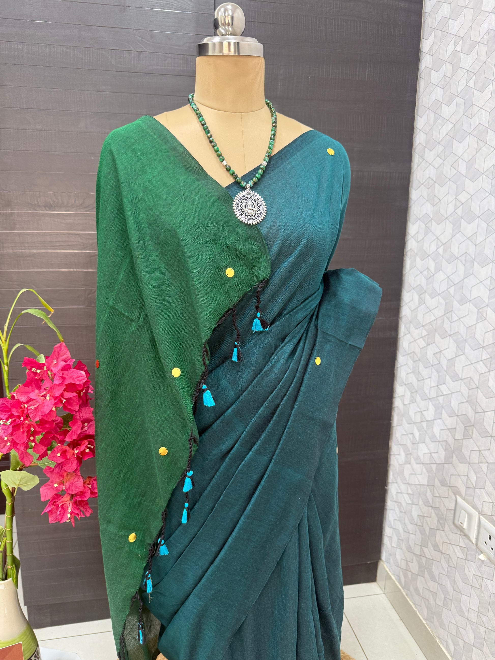 Deep Teal & Bottle Green Khadi Cotton Saree
