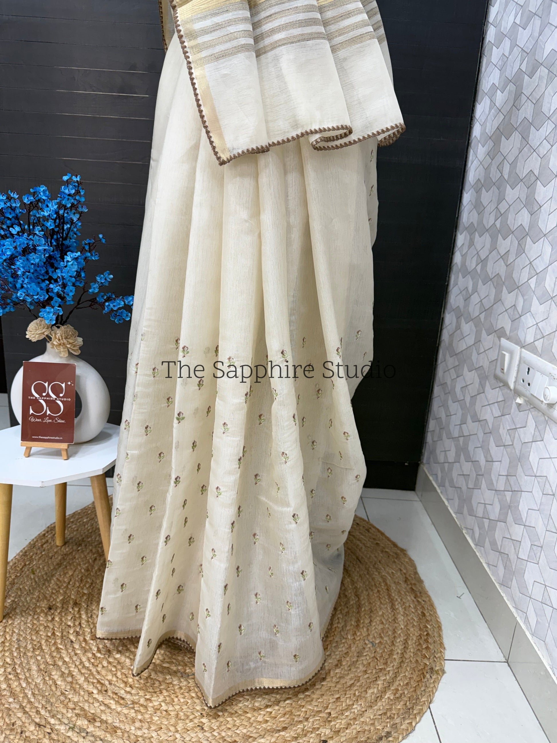 Onam/ Vishu Tissue Saree with Embroidery - small flower work - Brown (comes with contrast green blouse)