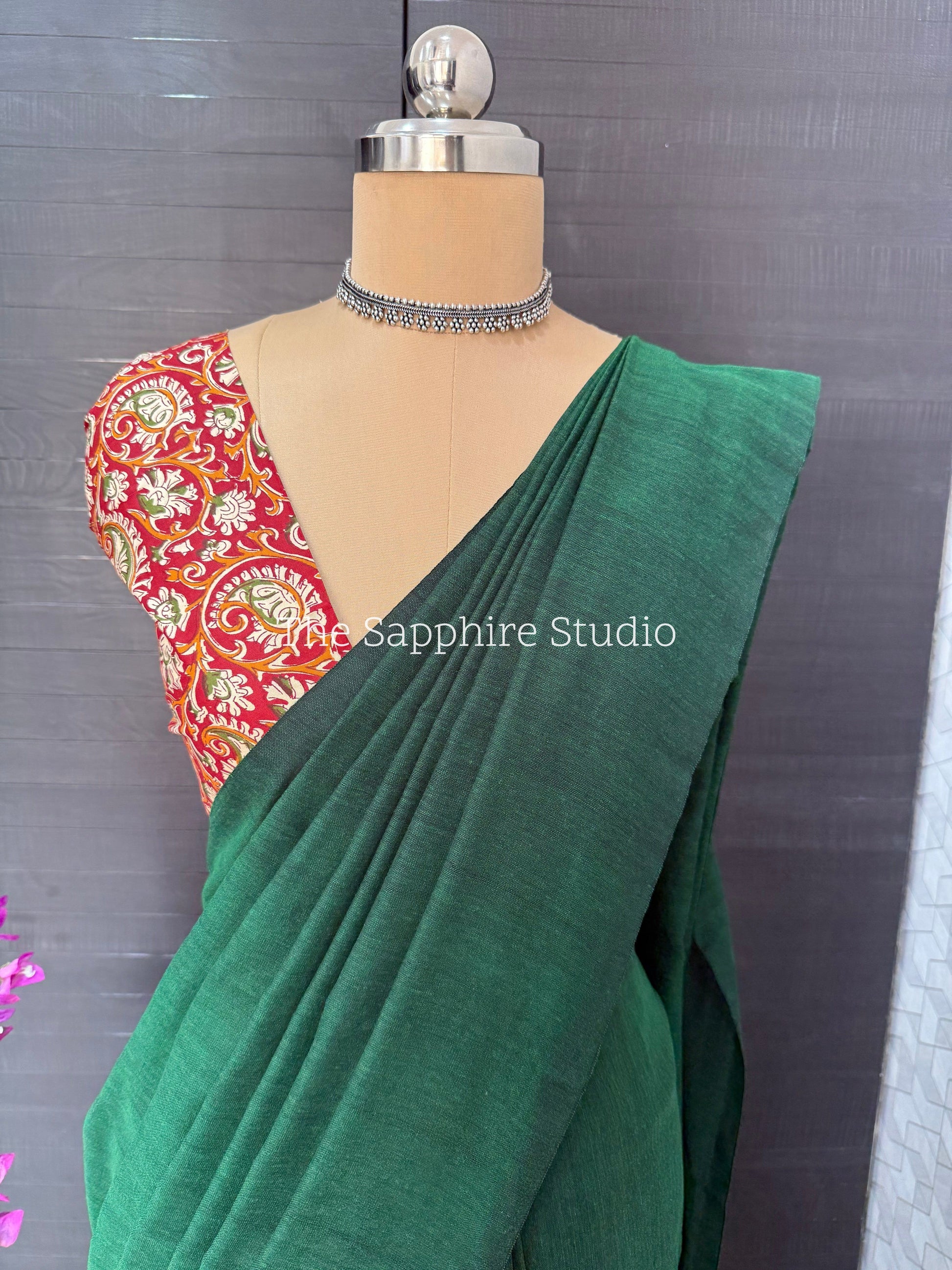 Green khadi cotton saree with Ethnic Contrast Blouse