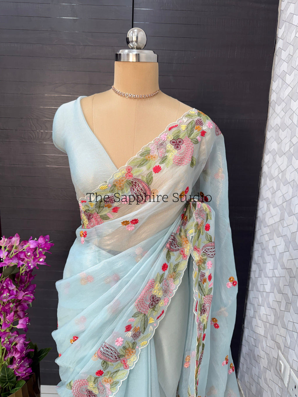 Sky Bloom Hand-Embroidered Organza Saree