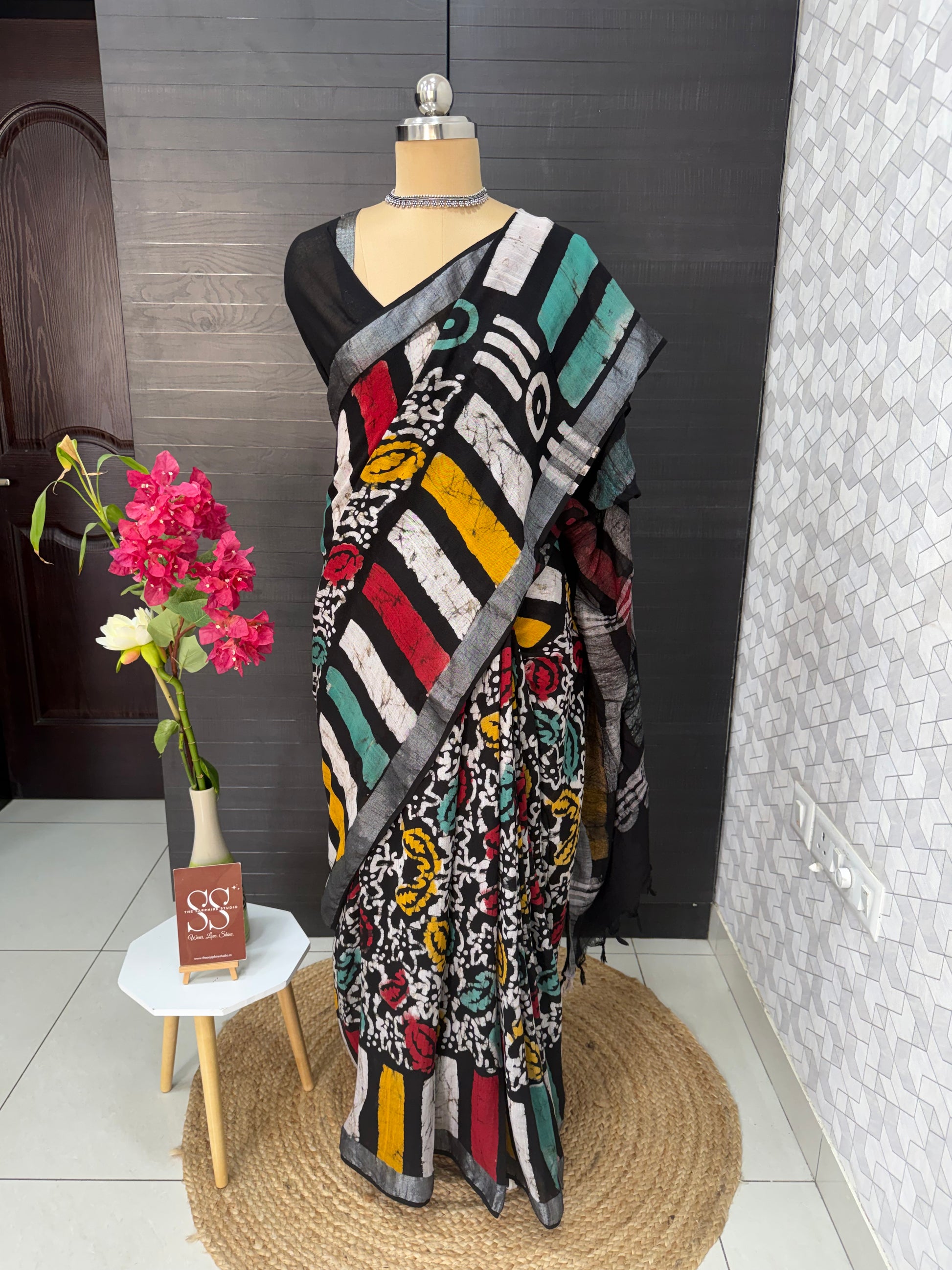 Multicolor Linen Bagru Saree with Running Blouse