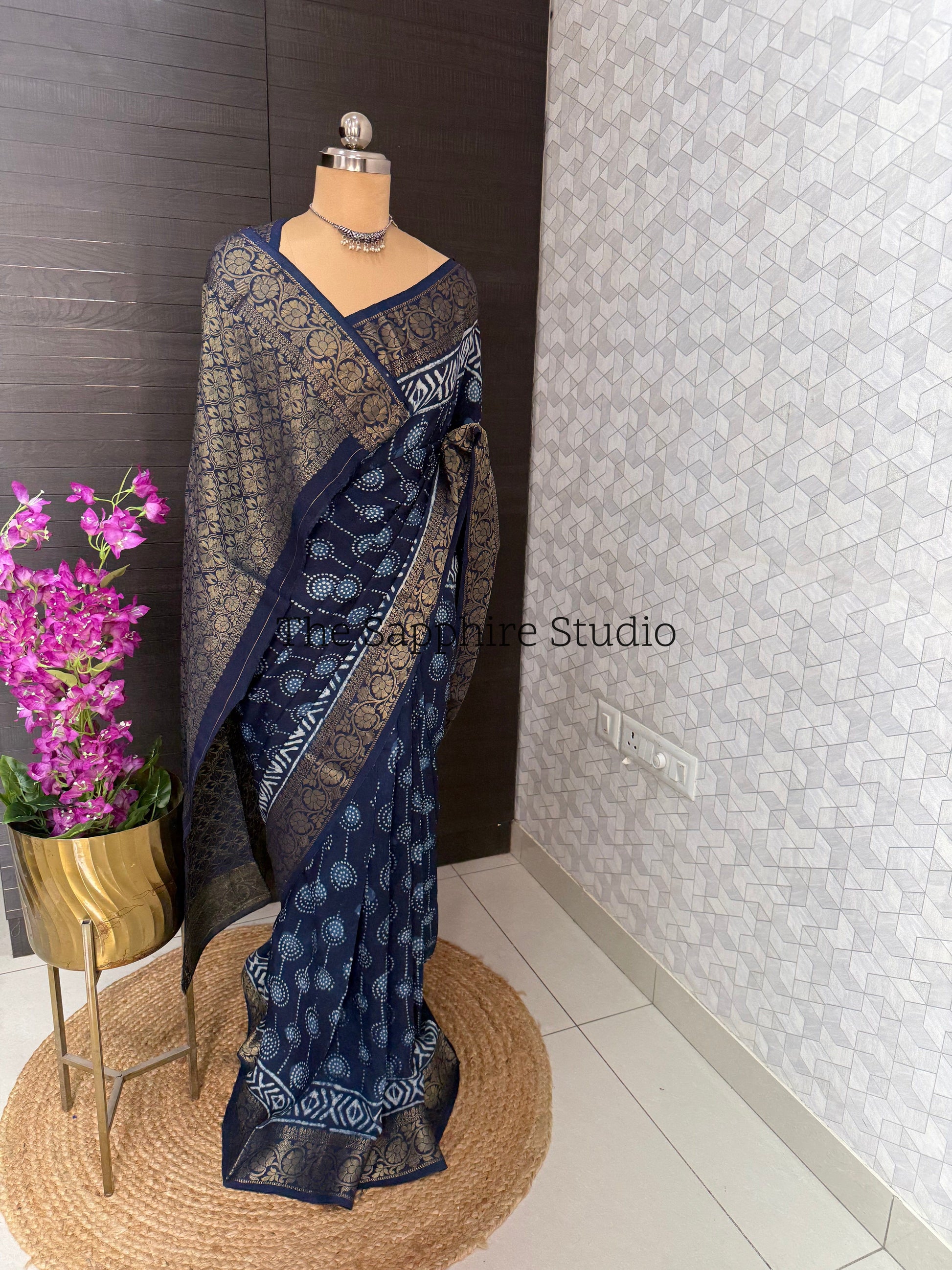 Indigo Dola Silk Saree with Line Block Pattern
