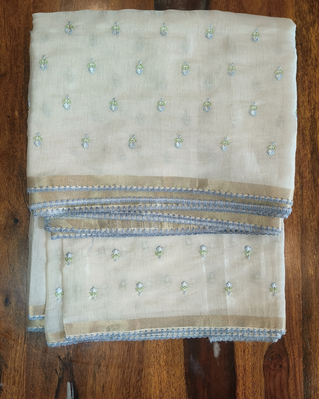Onam Tissue Saree with Embroidery - small flower work - Light Blue (Comes with running blouse)