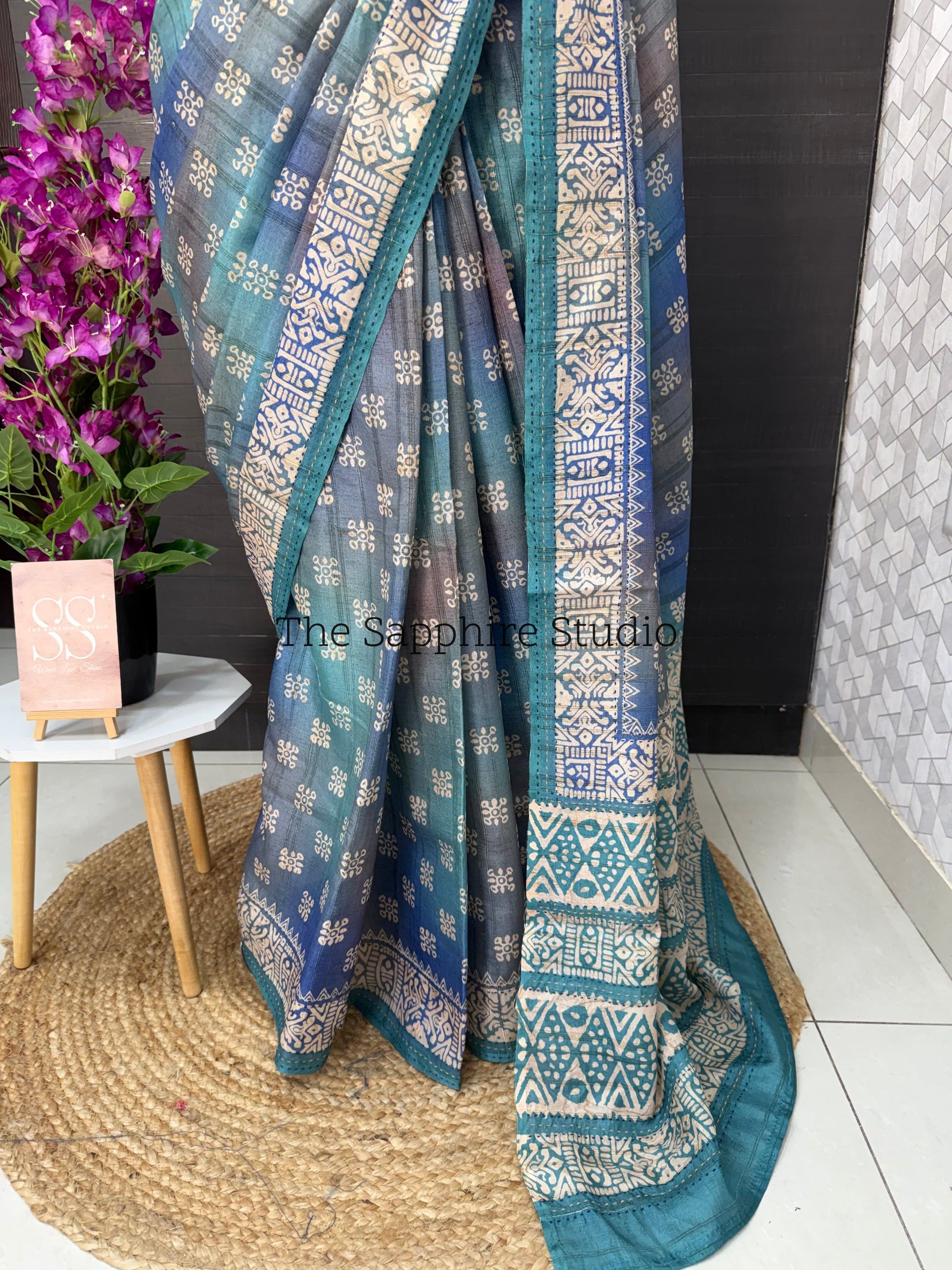 Teal Mist Tussar Saree with Sea Green Contrast Blouse
