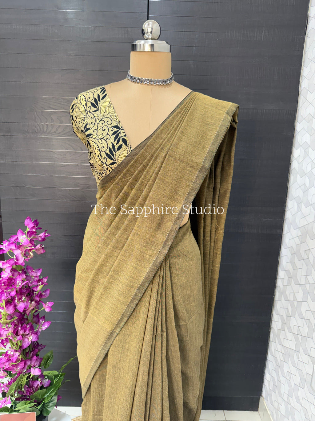 Beige Sand khadi cotton saree with Kalamkari Contrast Blouse