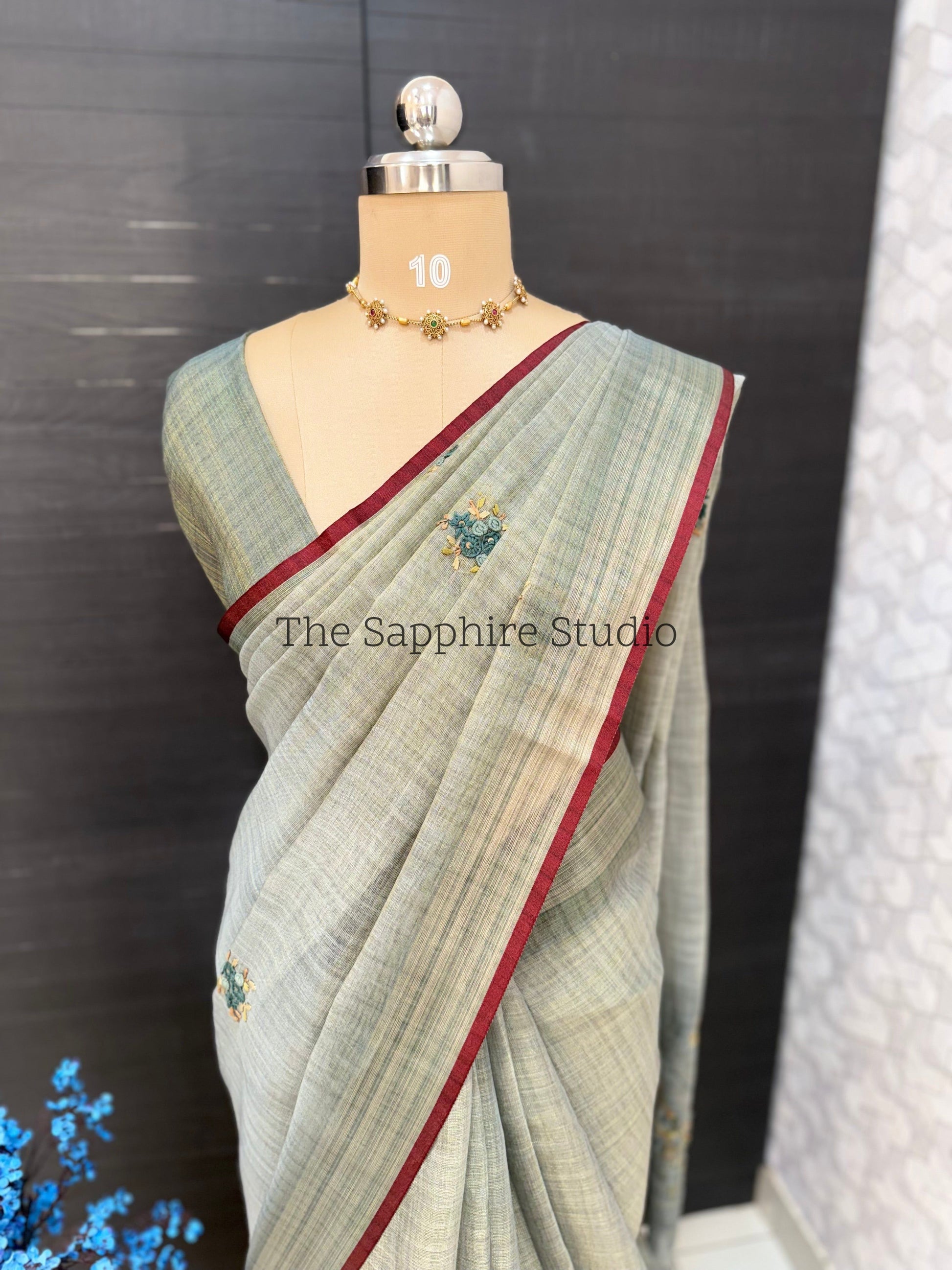 Tissue linen embroidery work saree