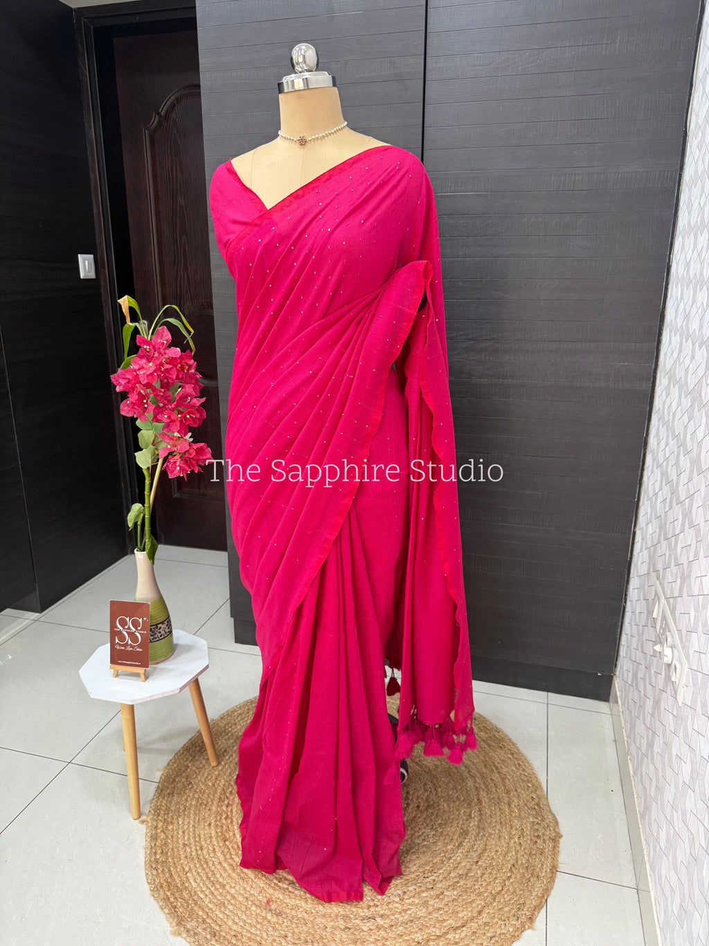 Deep Rani Pink Mul Mul Cotton Saree with Tassels and Ready Made Blouse