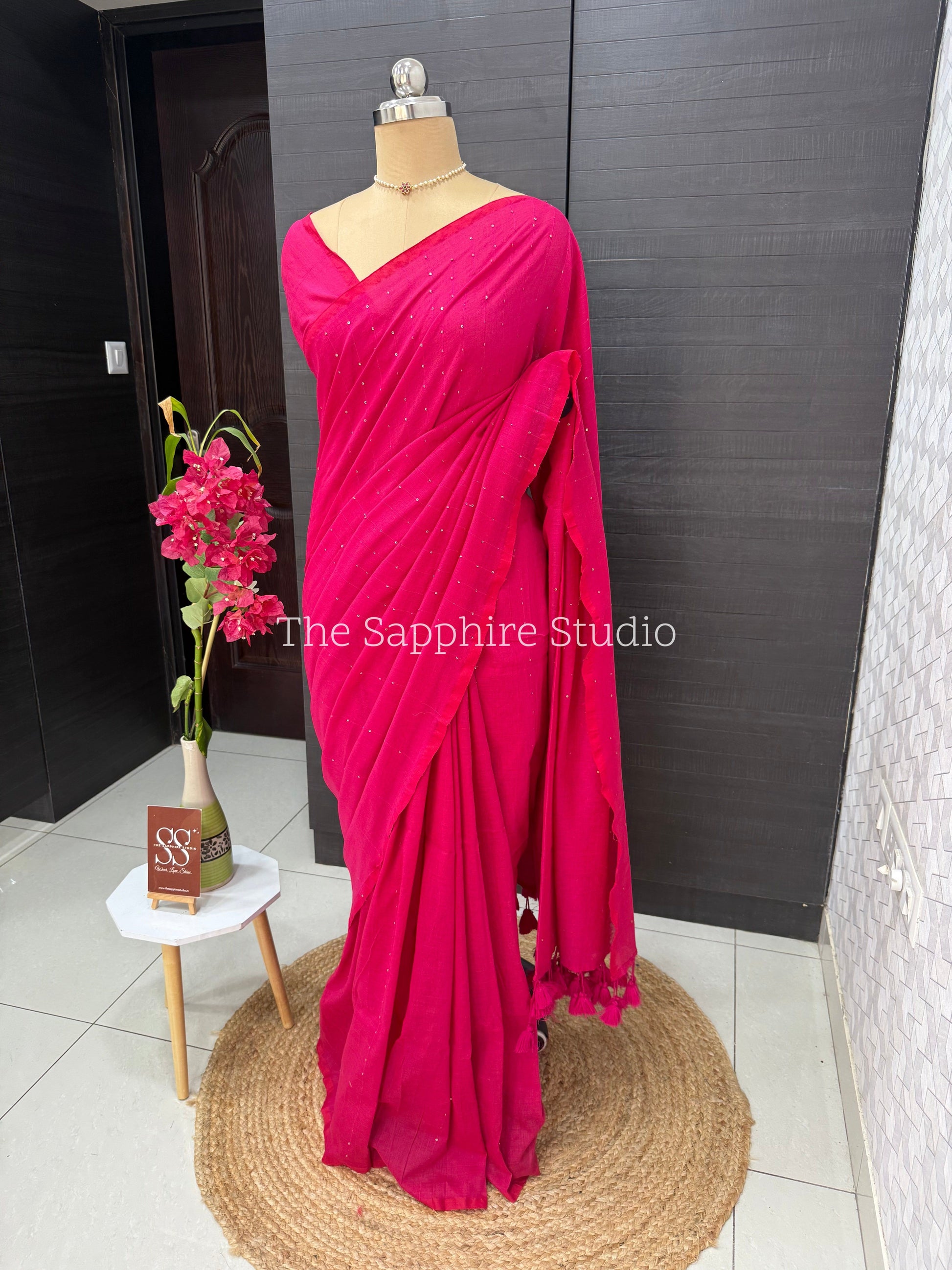 Deep Rani Pink Mul Mul Cotton Saree with Tassels and Ready Made Blouse