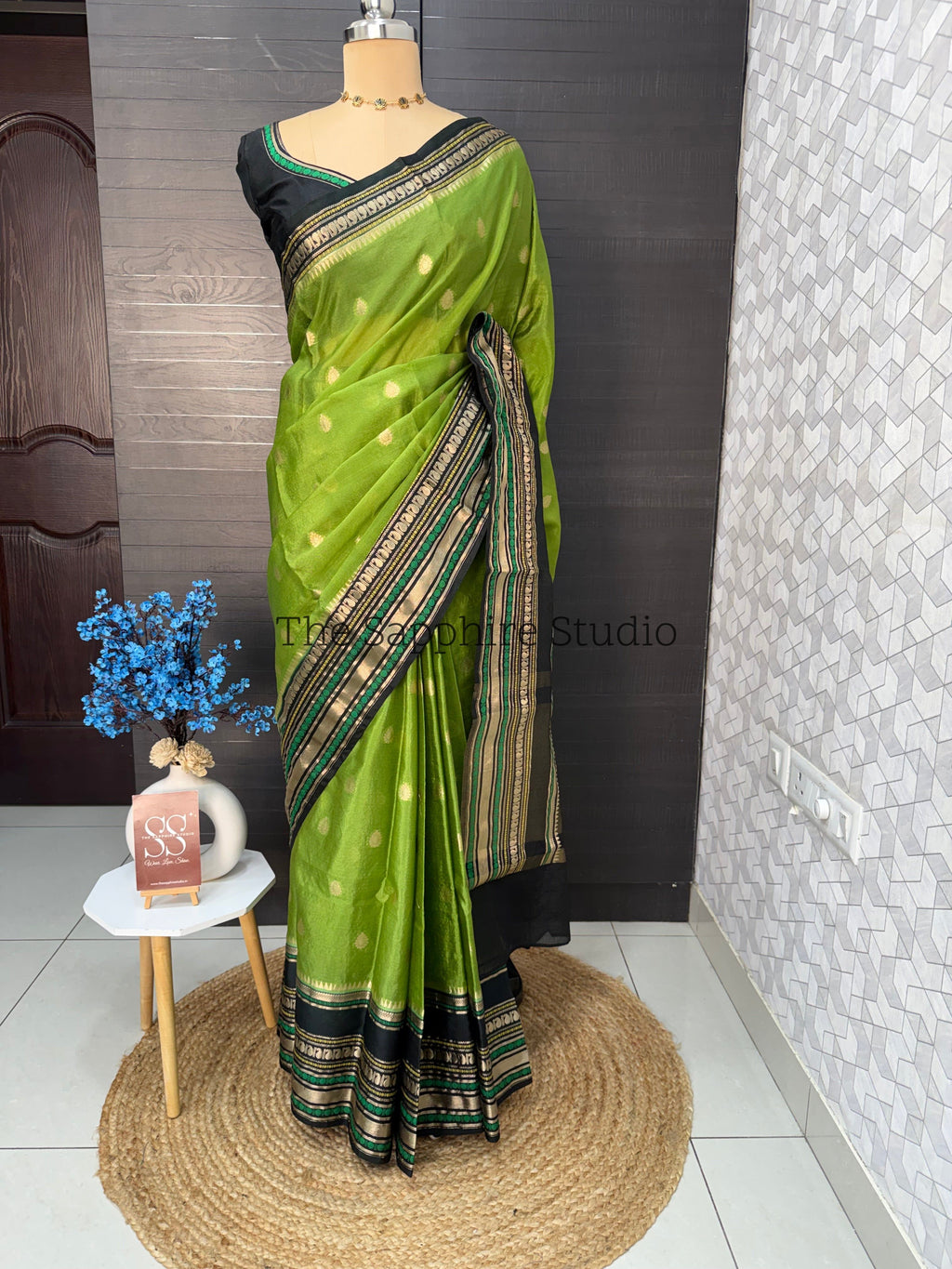 Green & Black Banarasi Chiniya Silk Saree with Zari Border