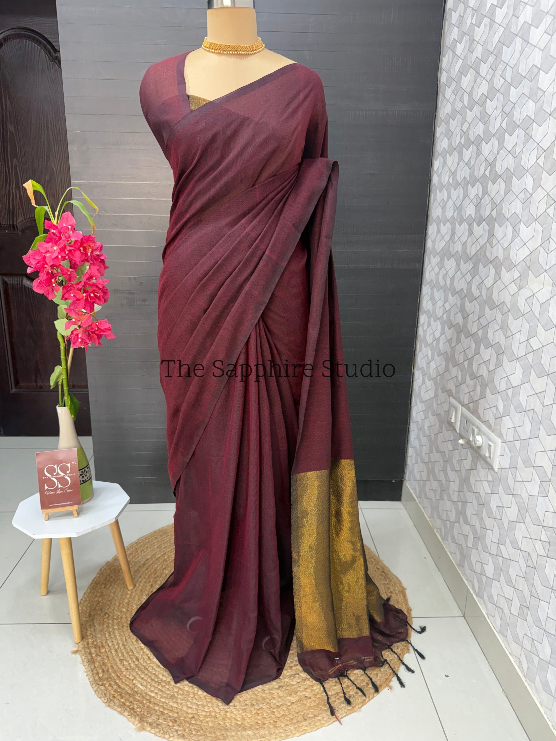 Deep maroon Khadi cotton saree