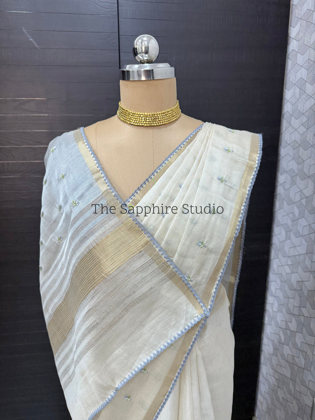 Onam/ Vishu Tissue Saree with Embroidery - small flower work - Light Blue (Comes with contrast blue blouse)
