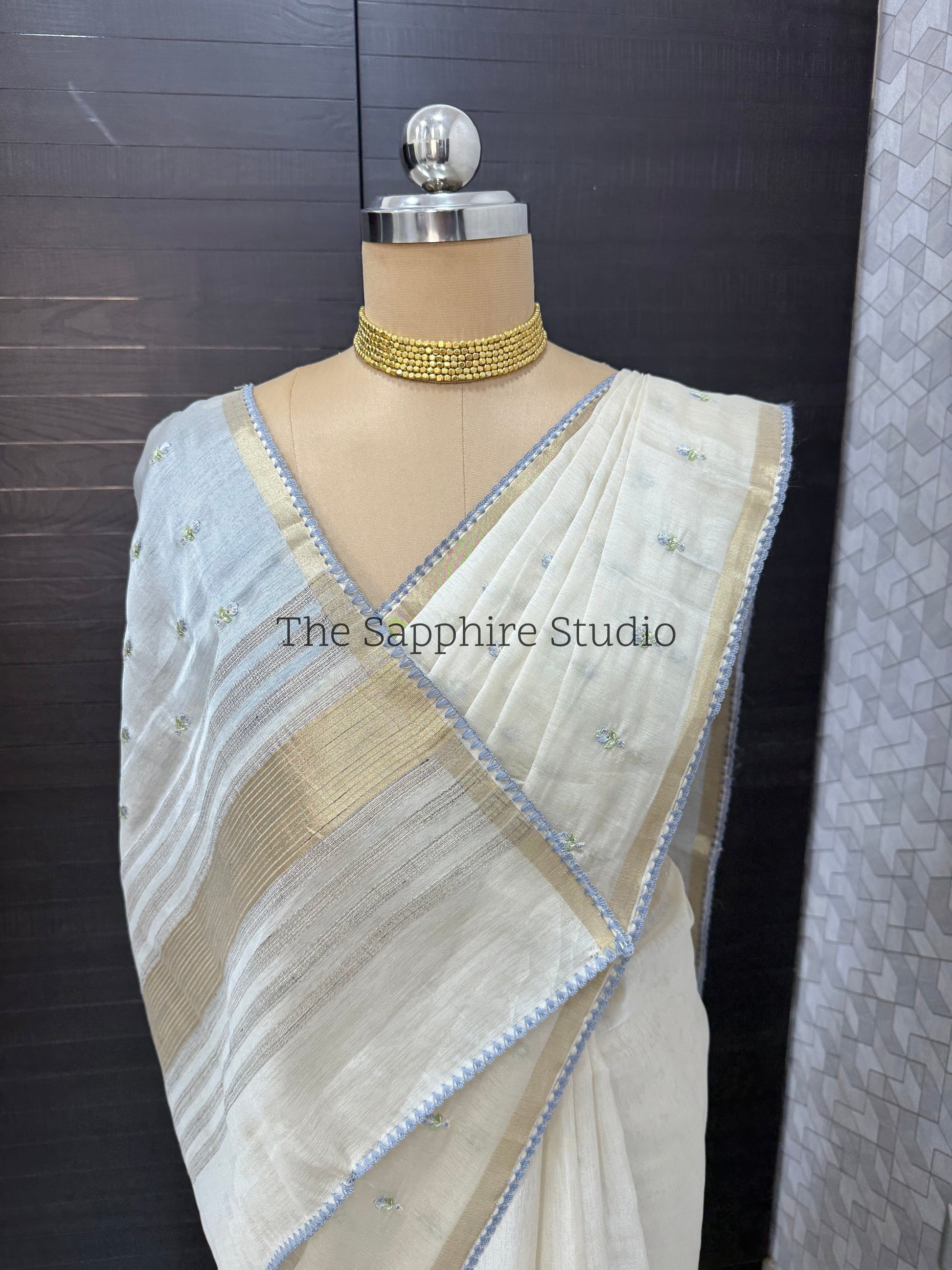 Onam/ Vishu Tissue Saree with Embroidery - small flower work - Light Blue (Comes with contrast blue blouse)
