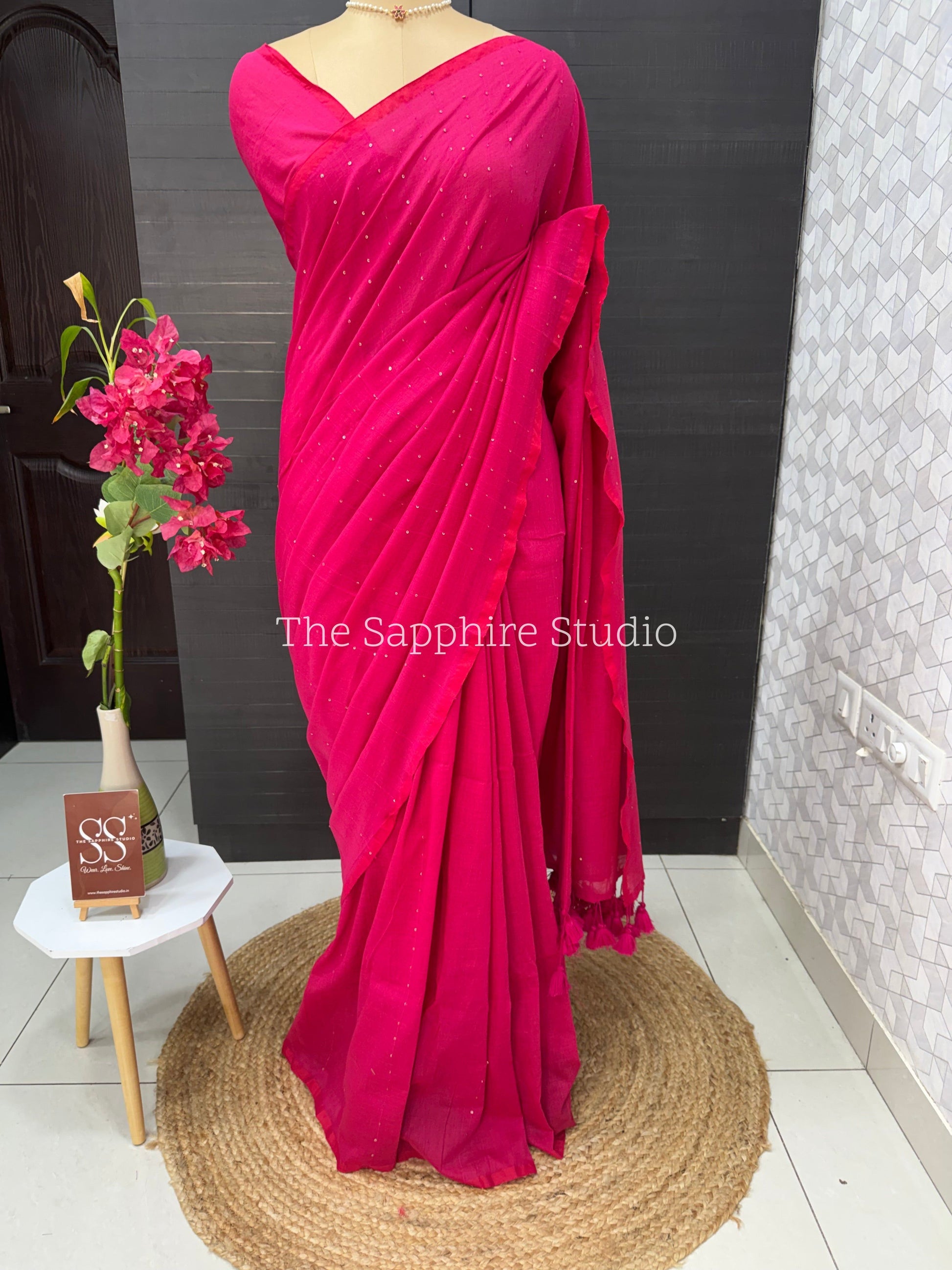Deep Rani Pink Mul Mul Cotton Saree with Tassels and Ready Made Blouse