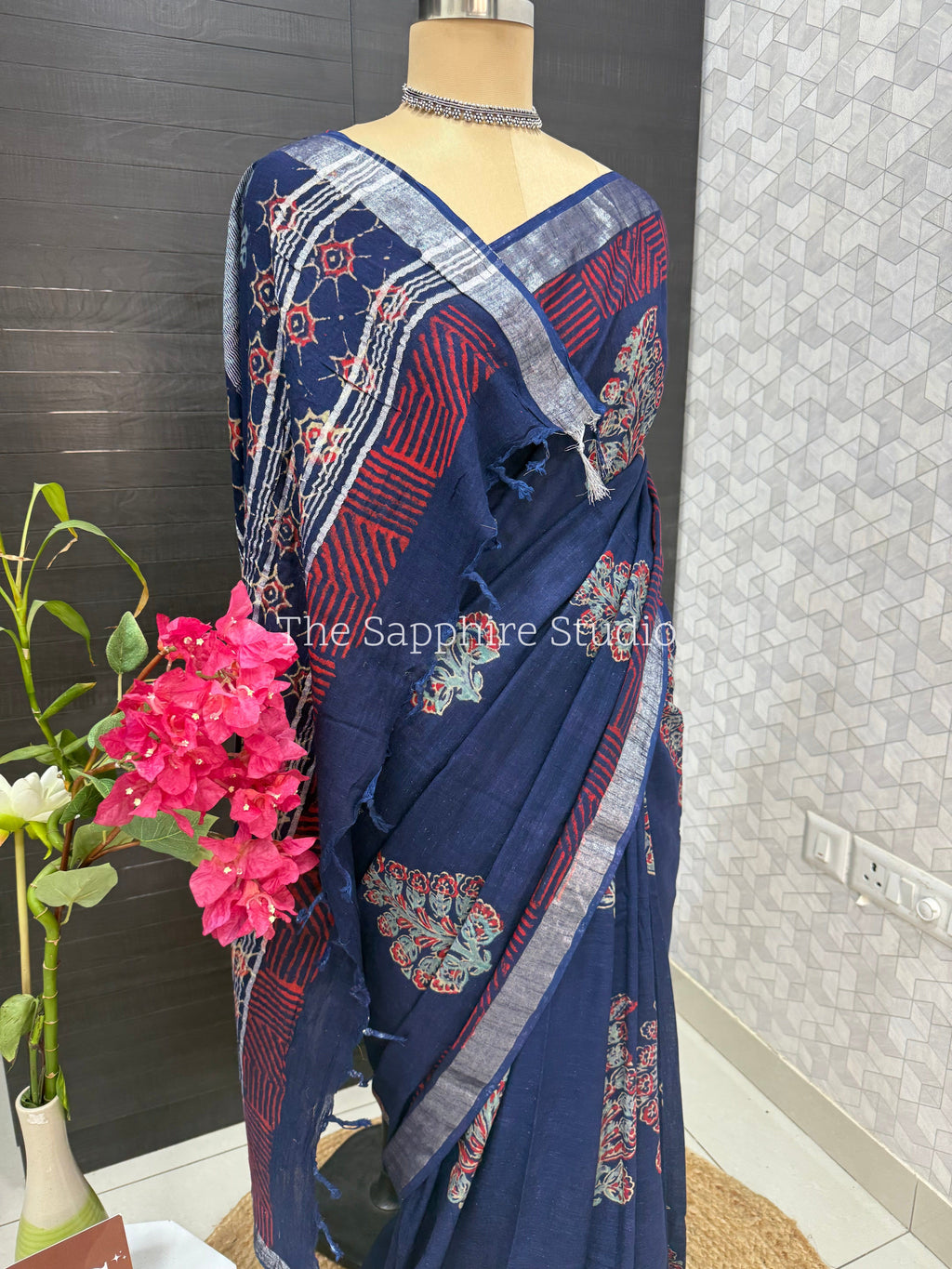Navy Blue Linen Bagru Saree with Silver Border