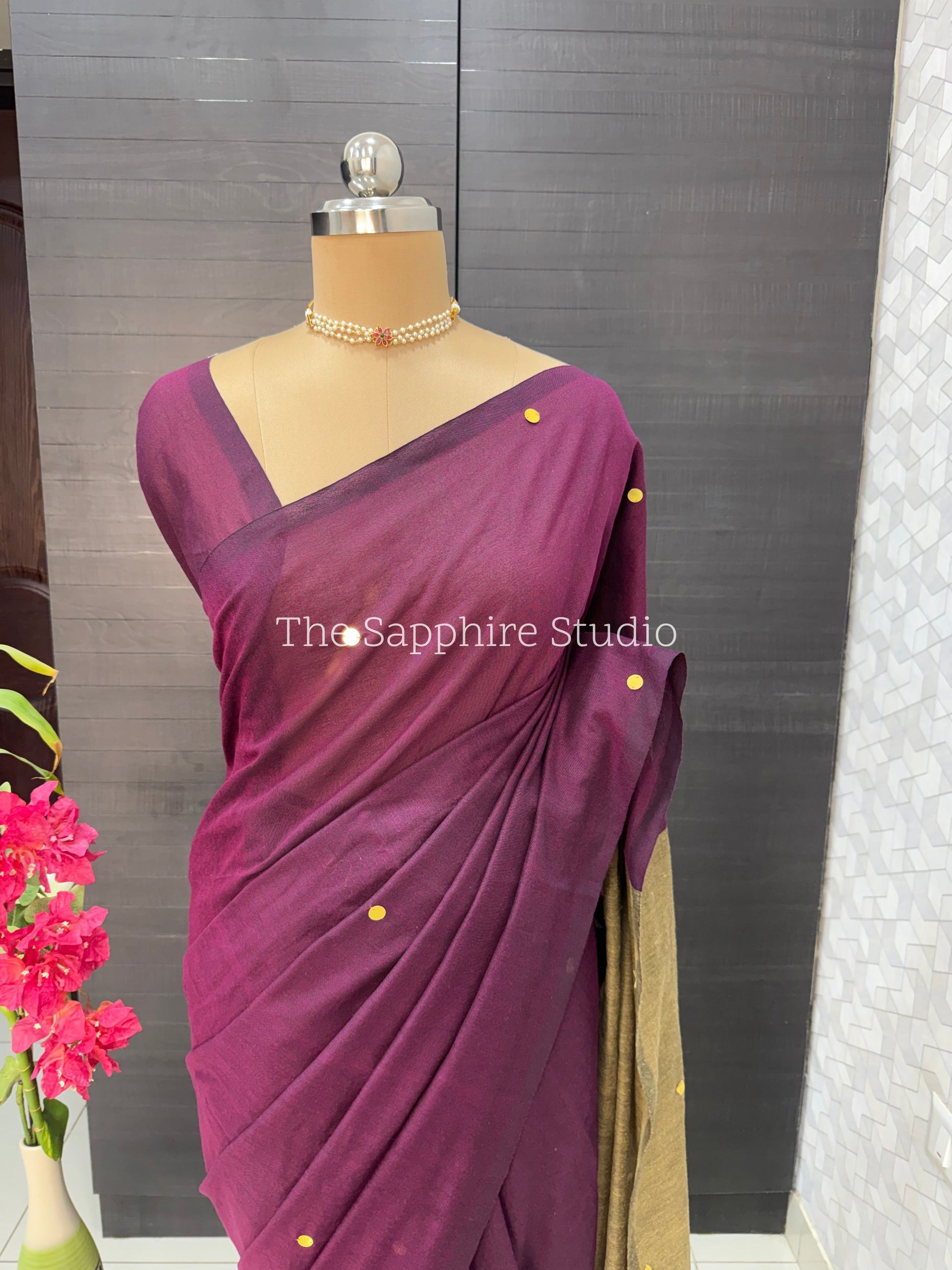 Wine Purple & Mustard Khadi Cotton Saree