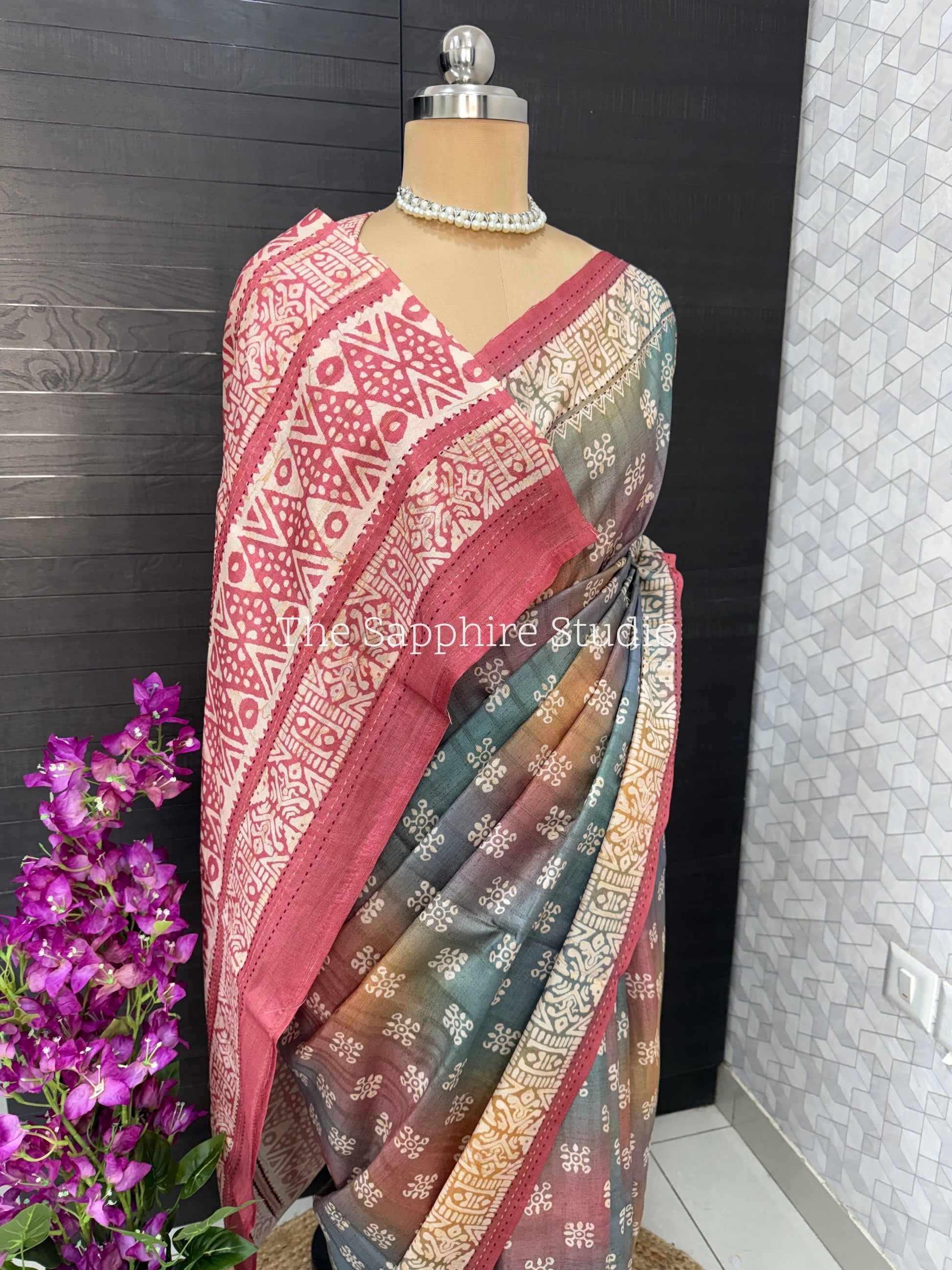 Rose Clay Tussar Saree with Deep Pink Contrast Blouse