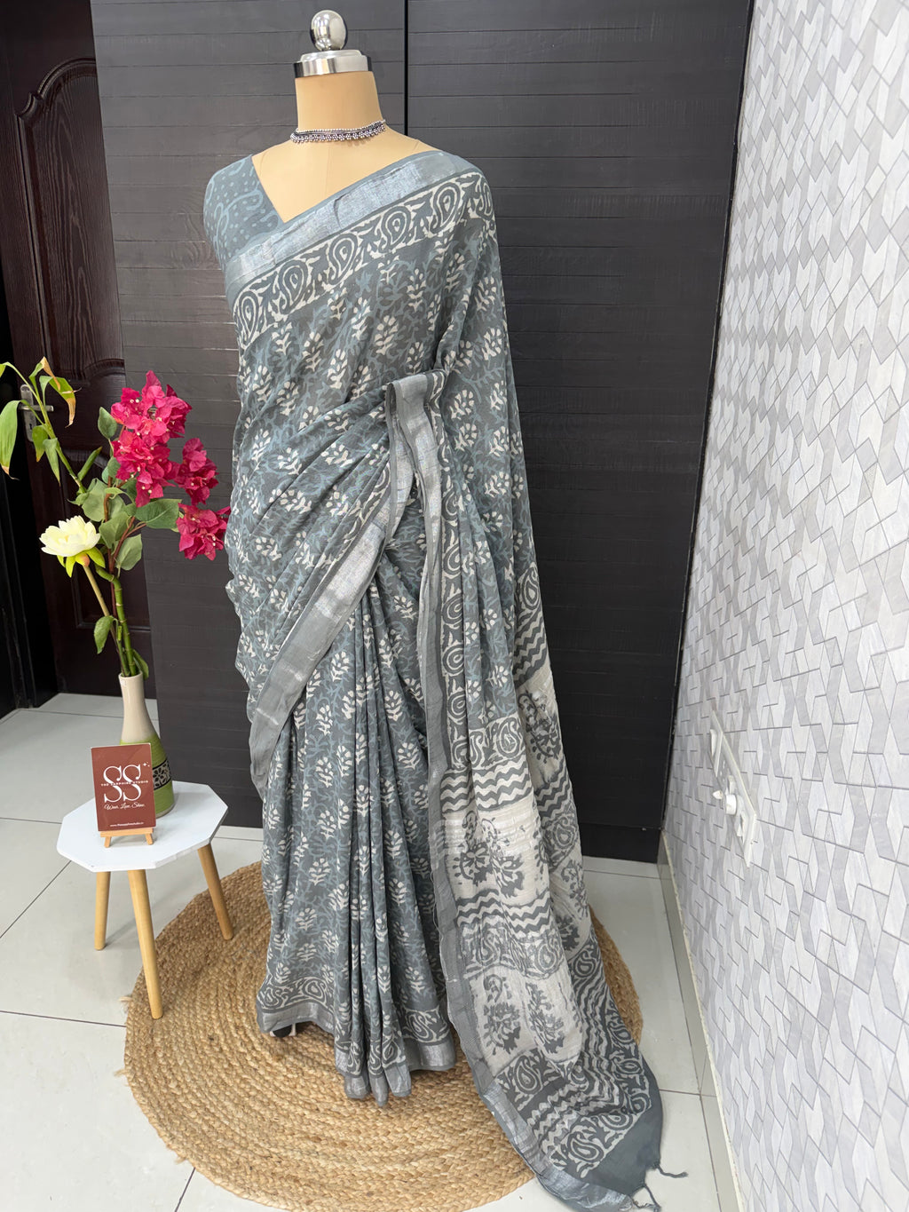 Grey Linen Bagru Saree with Running Blouse