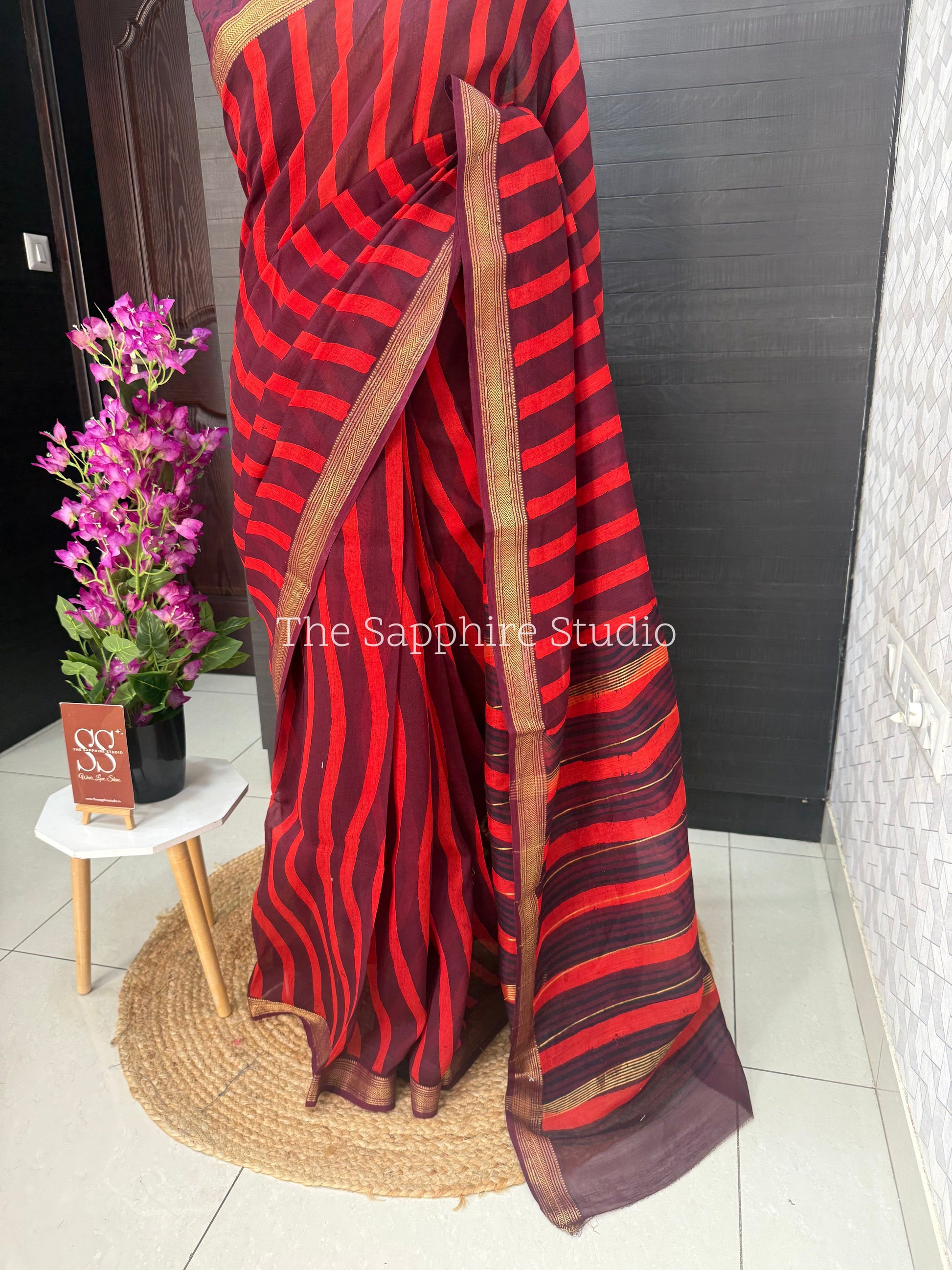 Maheshwari Silk Saree – Maroon with Red Stripes & Golden Border