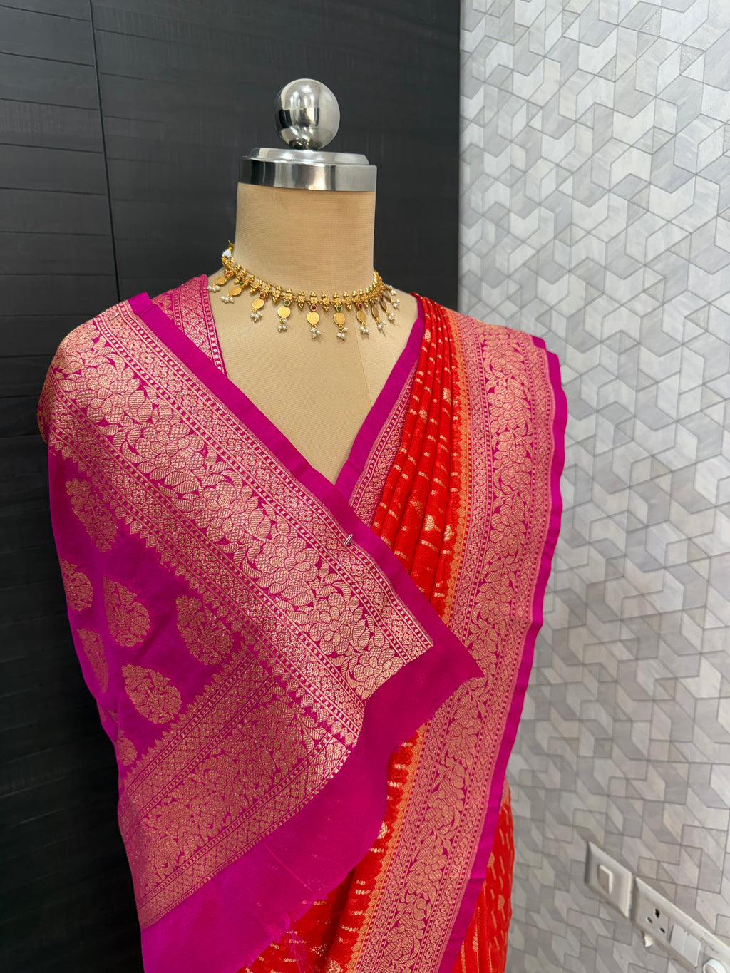 Semi Banarasi Georgette Orange and Contrast Pink Saree