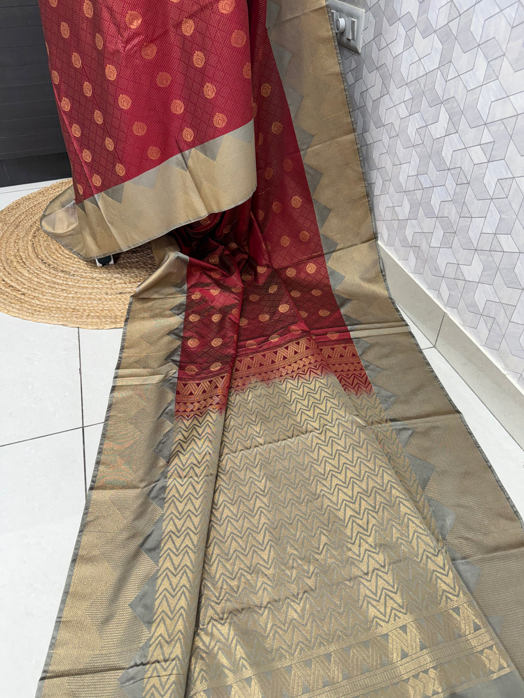 Red Kanchipuram Silk Saree with Silver Zari Border