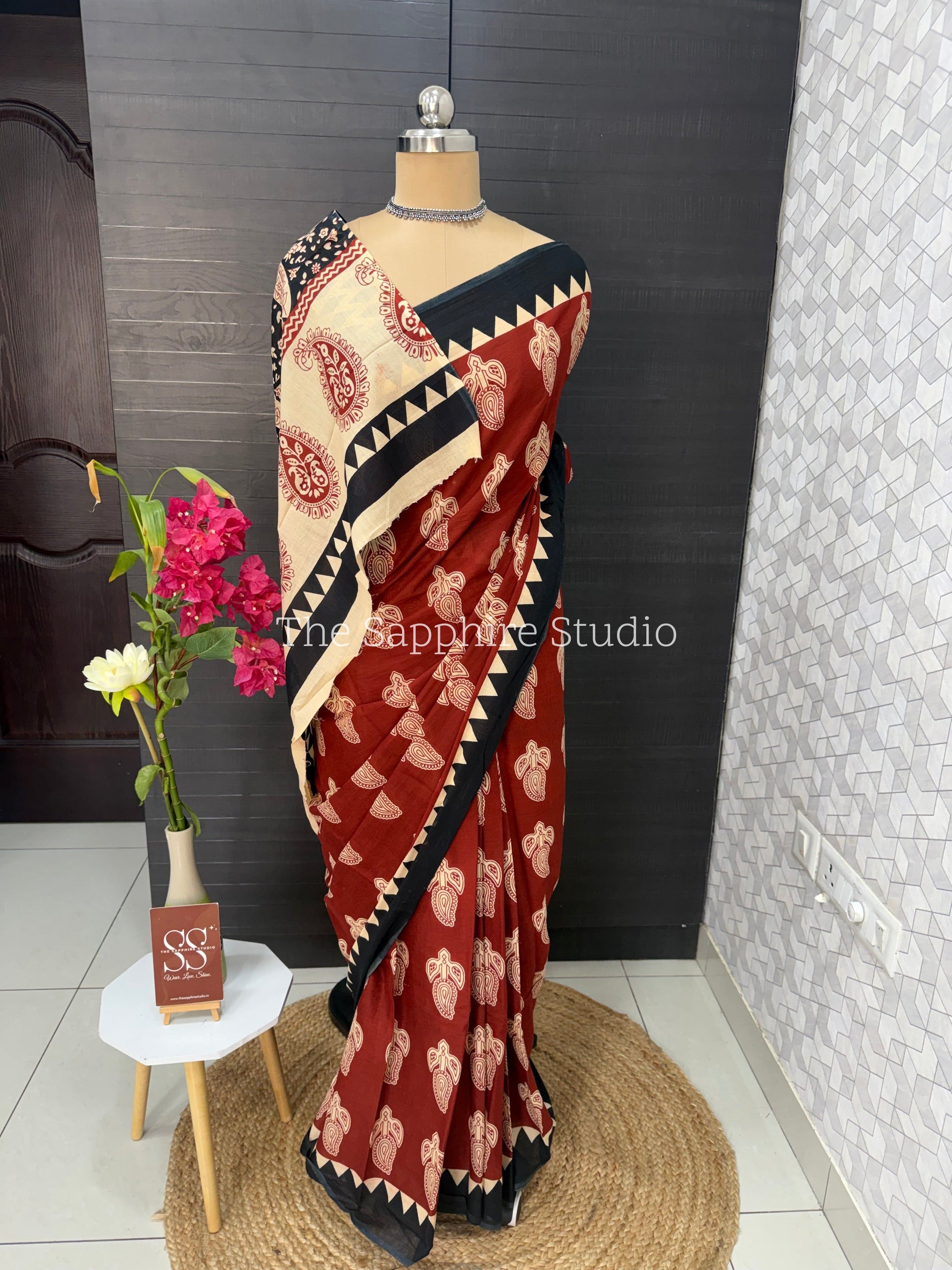 Rust Red & Black Mul Cotton Saree with Readymade Blouse