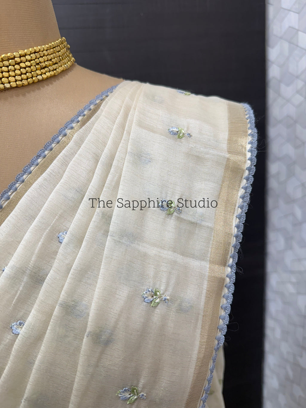 Onam/ Vishu Tissue Saree with Embroidery - small flower work - Light Blue (Comes with contrast blue blouse)