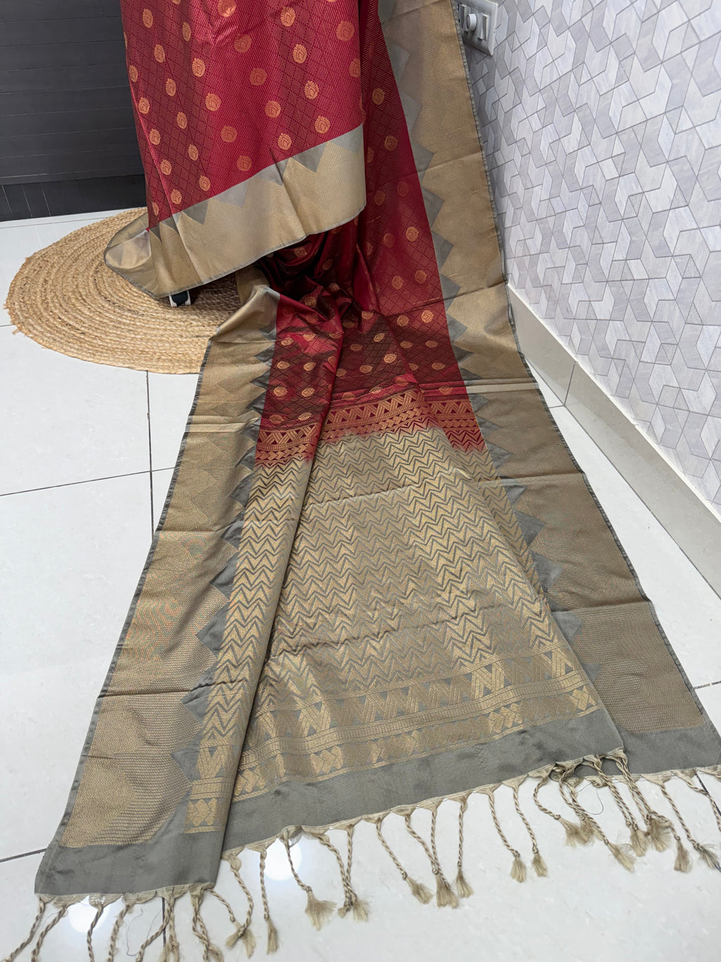 Red Kanchipuram Silk Saree with Silver Zari Border