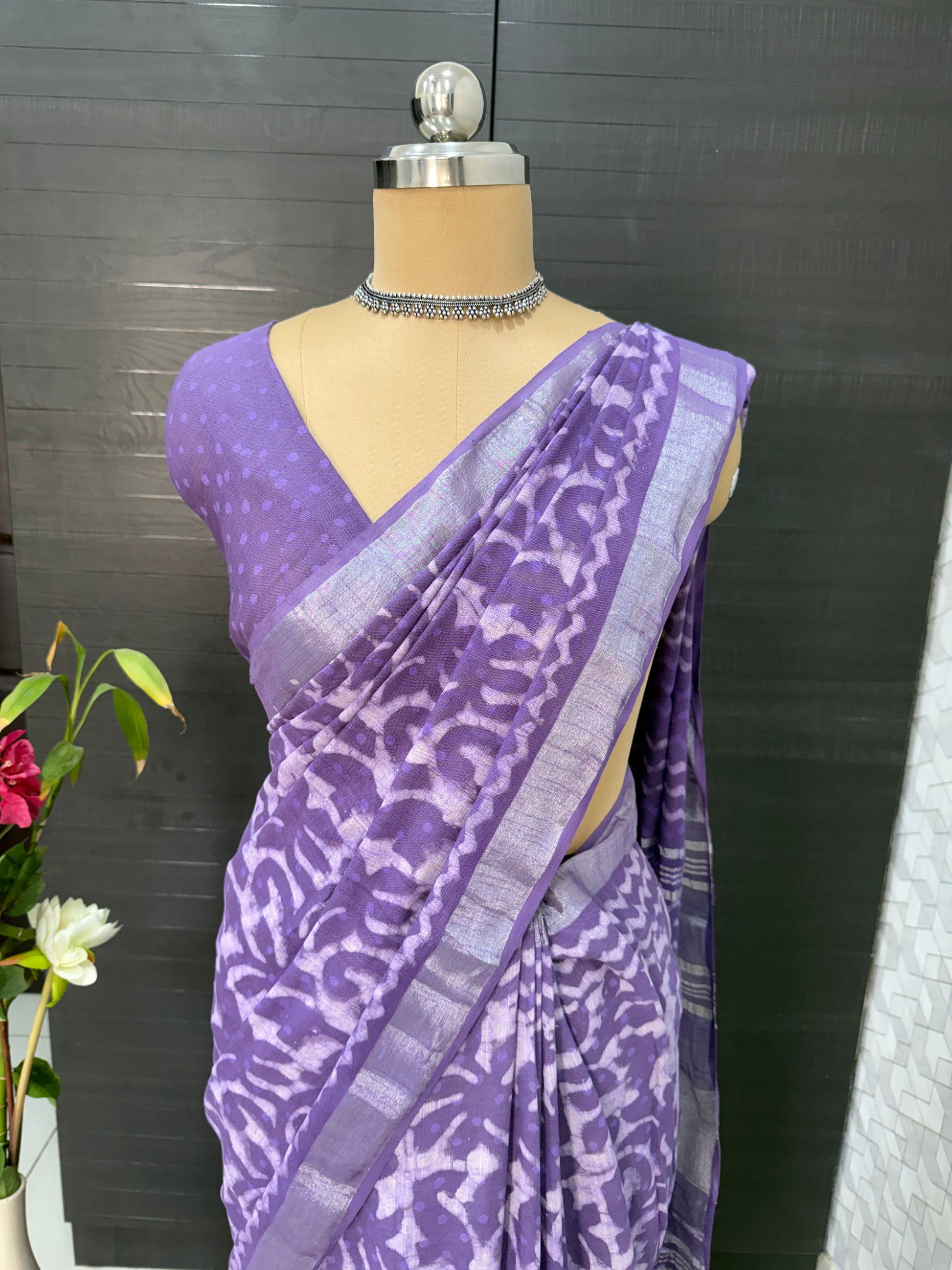 Purple Linen Bagru Saree with Running Blouse