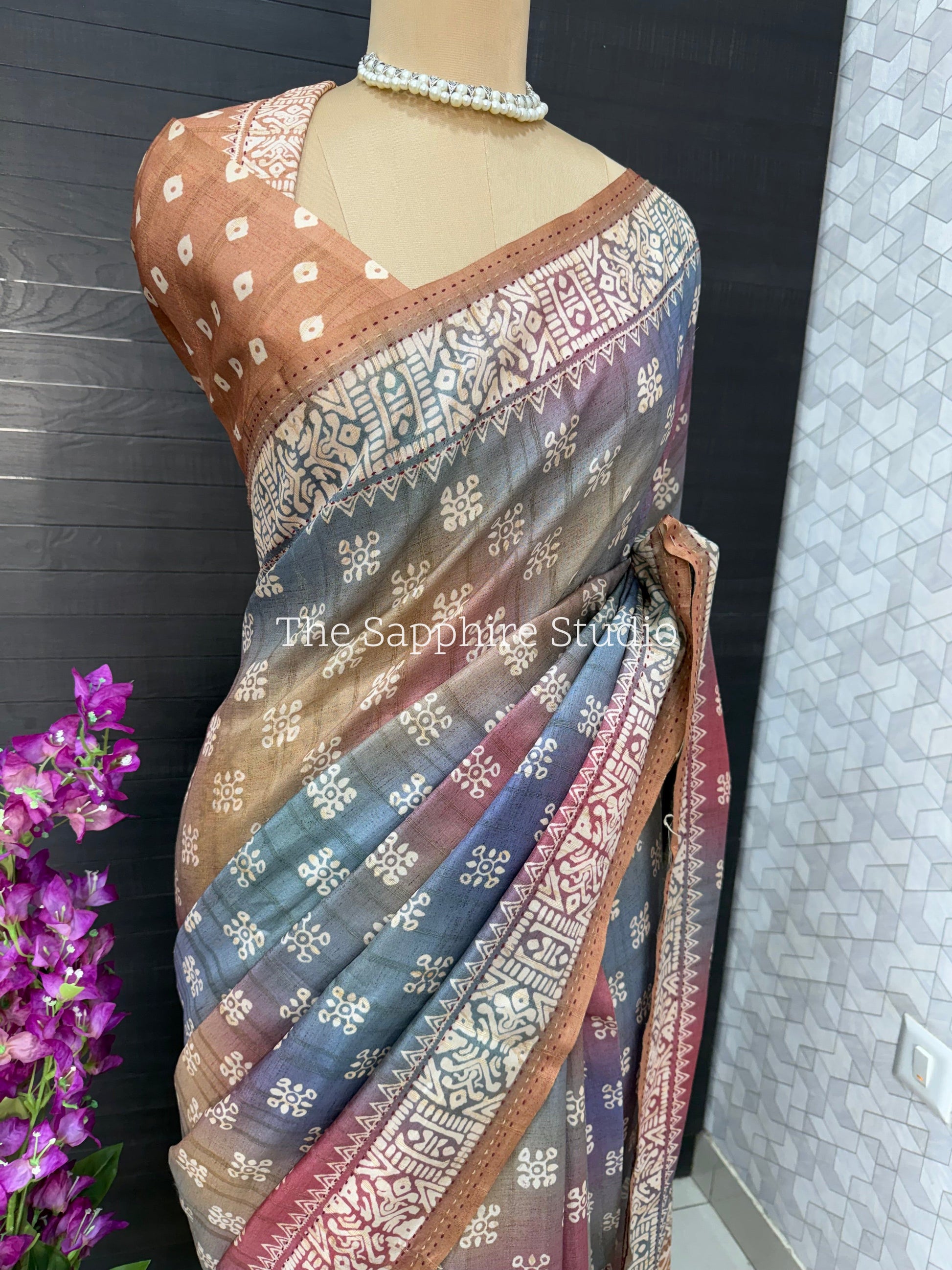 Earth Blend Tussar Saree with Warm Rust Contrast Blouse
