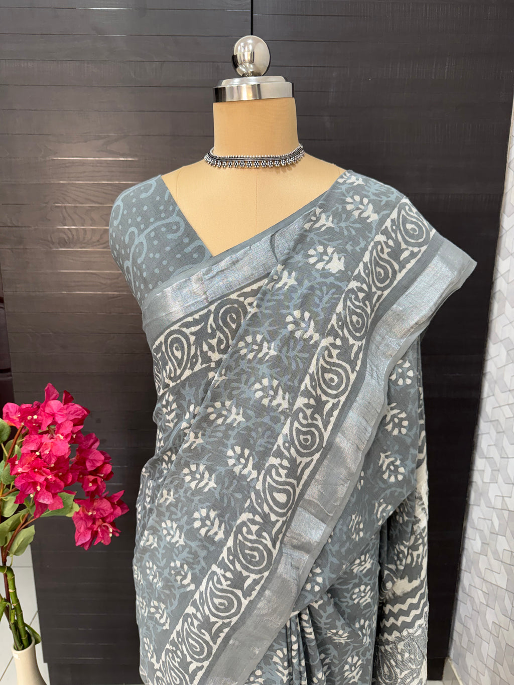 Grey Linen Bagru Saree with Running Blouse