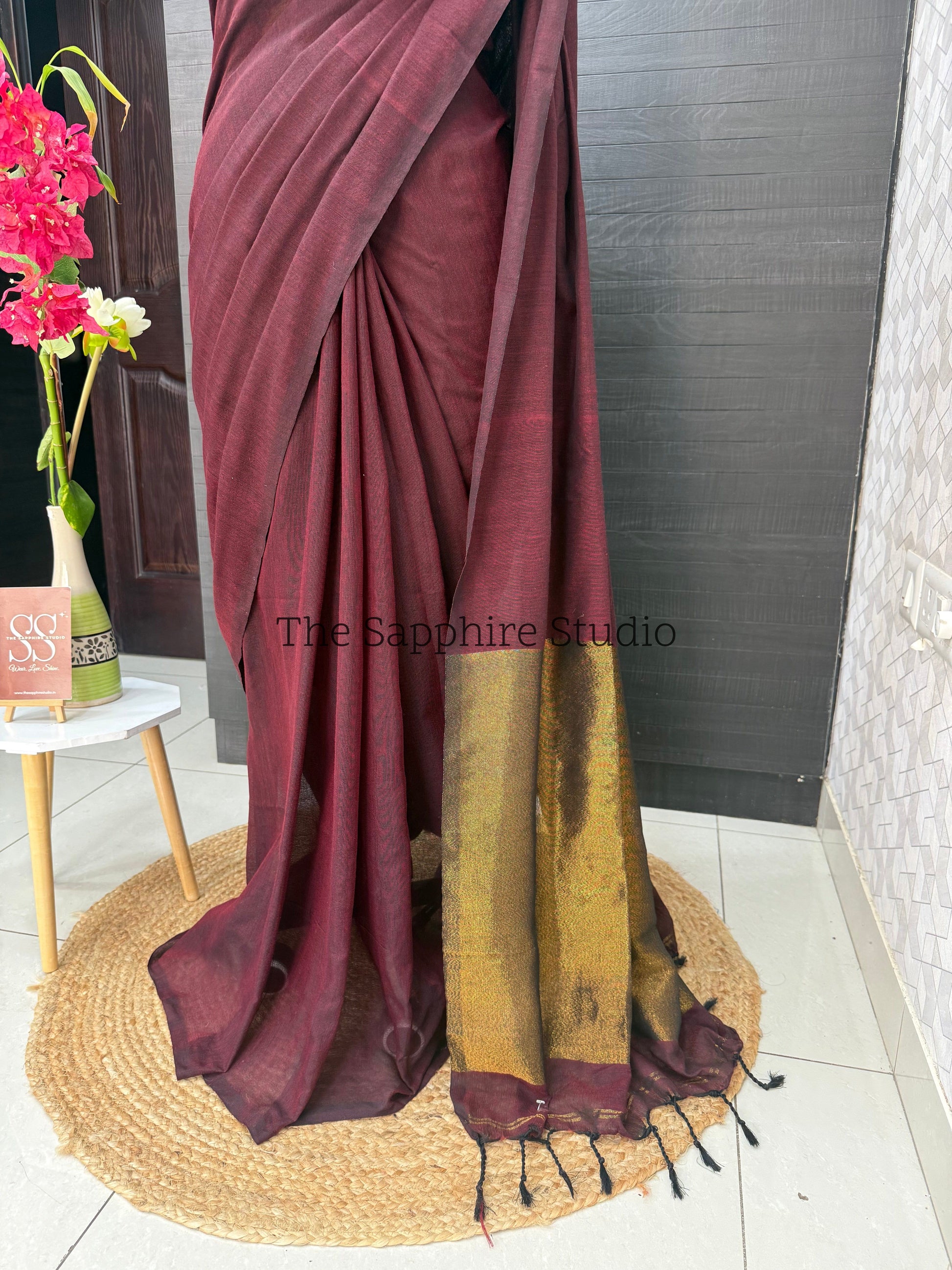 Deep maroon Khadi cotton saree