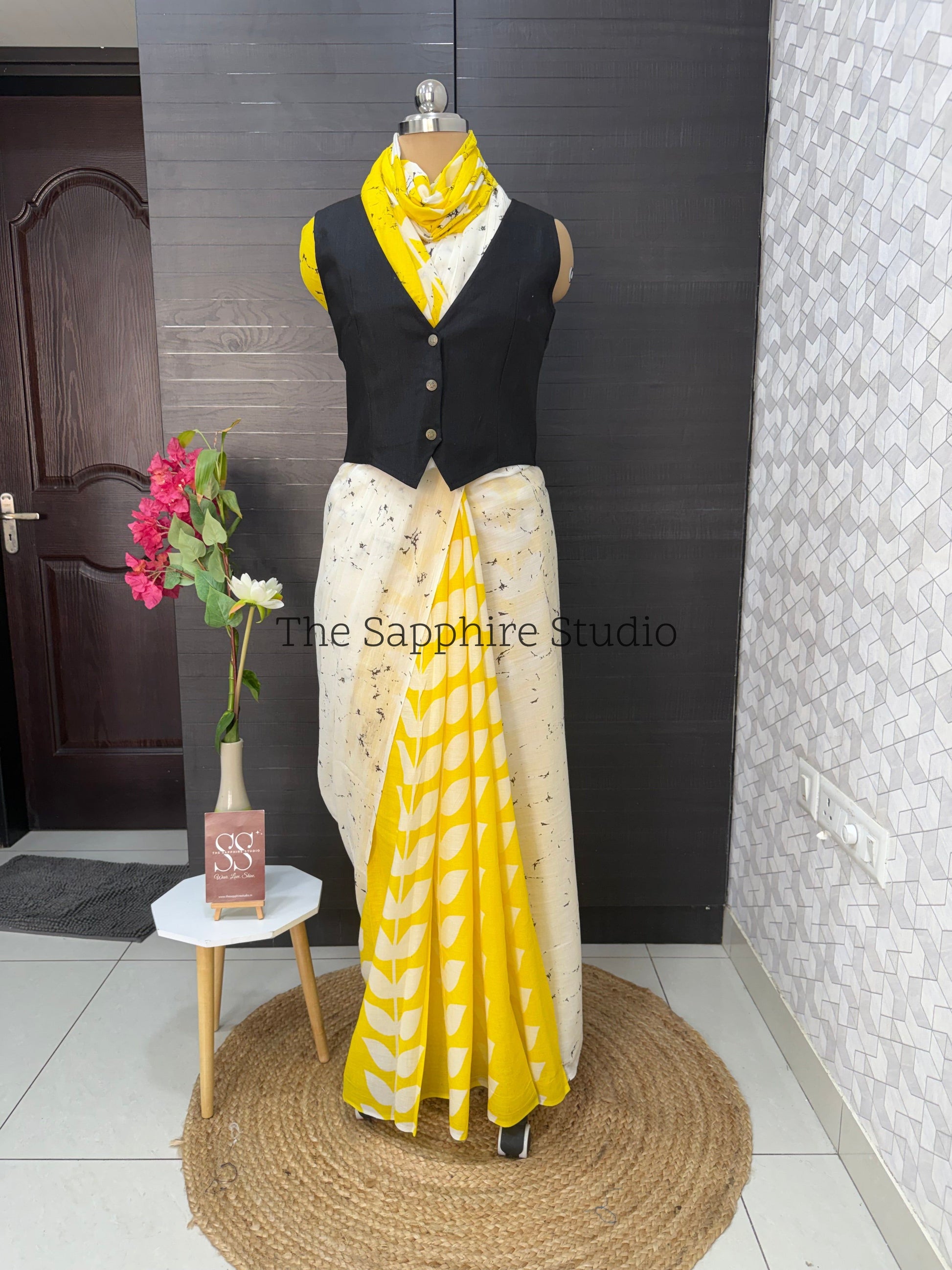 Yellow & White Mul Cotton Saree with Readymade Blouse