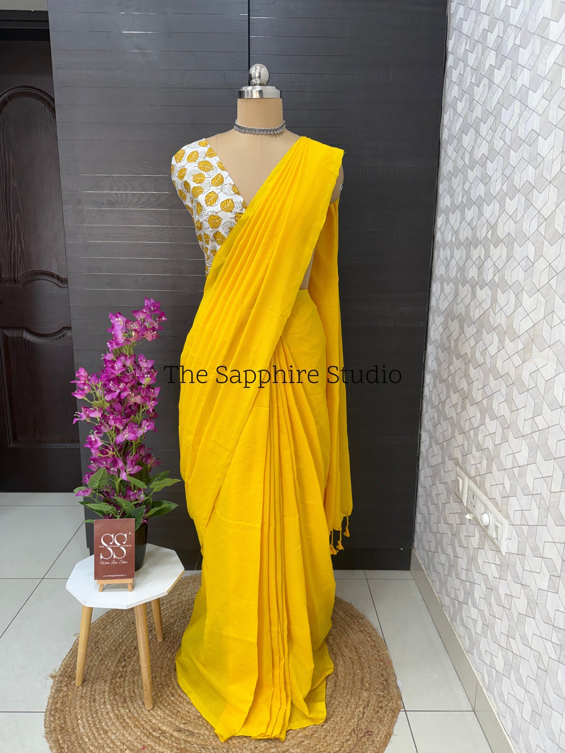 Mustard Yellow khadi cotton saree with Butta Contrast Blouse