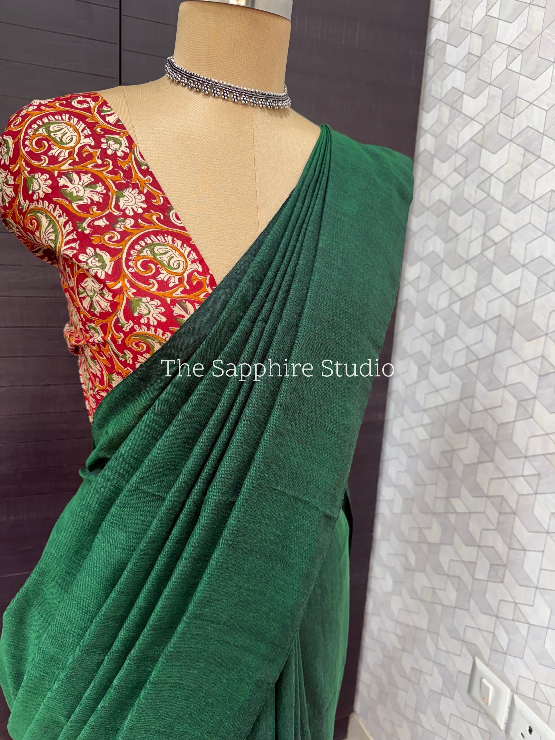 Green khadi cotton saree with Ethnic Contrast Blouse