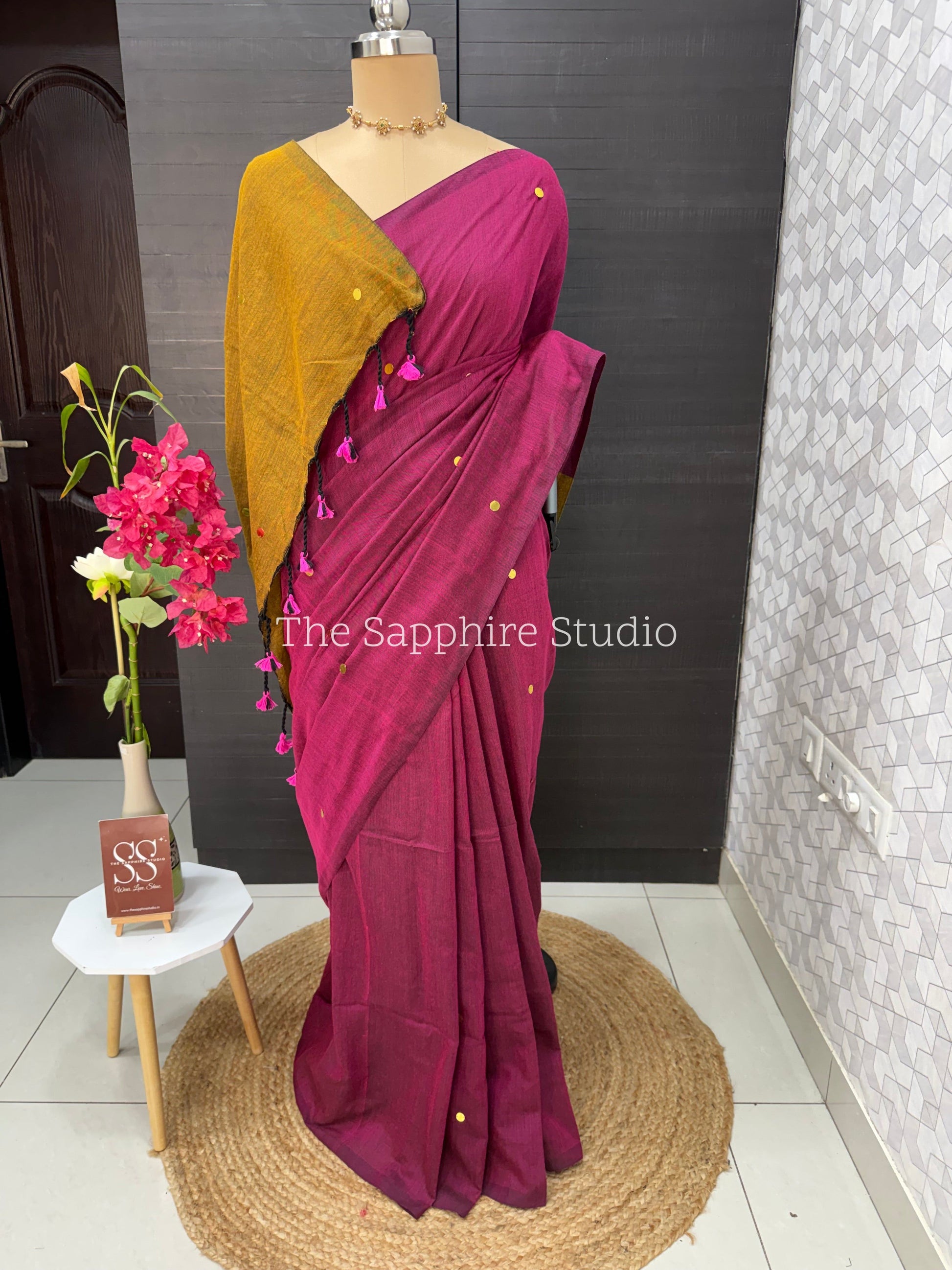 Rani Pink & Mustard Khadi Cotton Saree