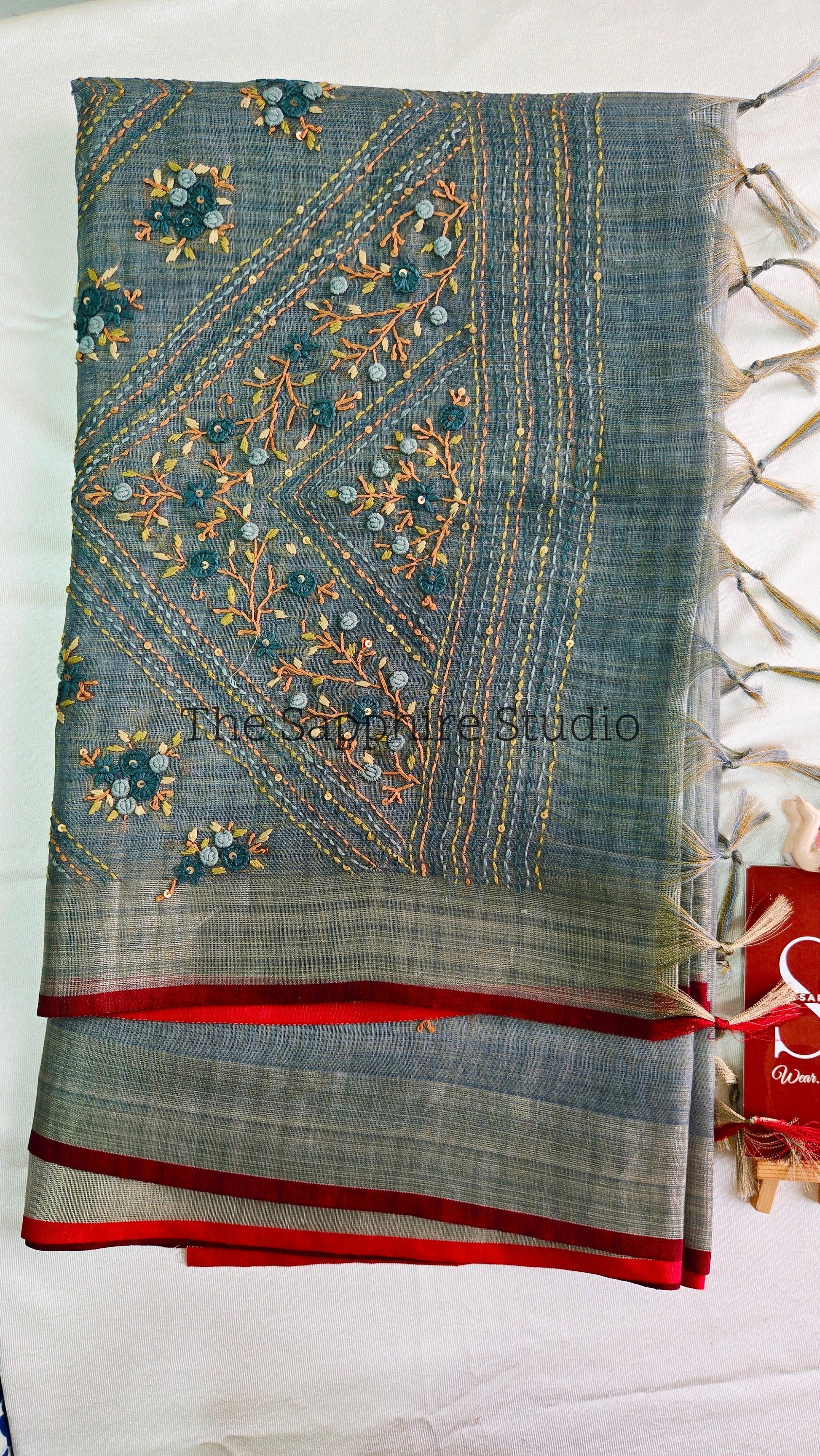 Tissue linen embroidery work saree